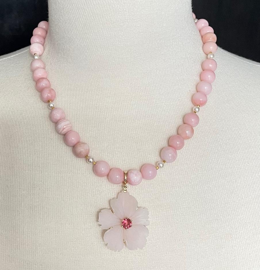 Carved Pink Agate and Tourmaline Pendant with Pink Opal and Pearl Necklace  For Sale 5