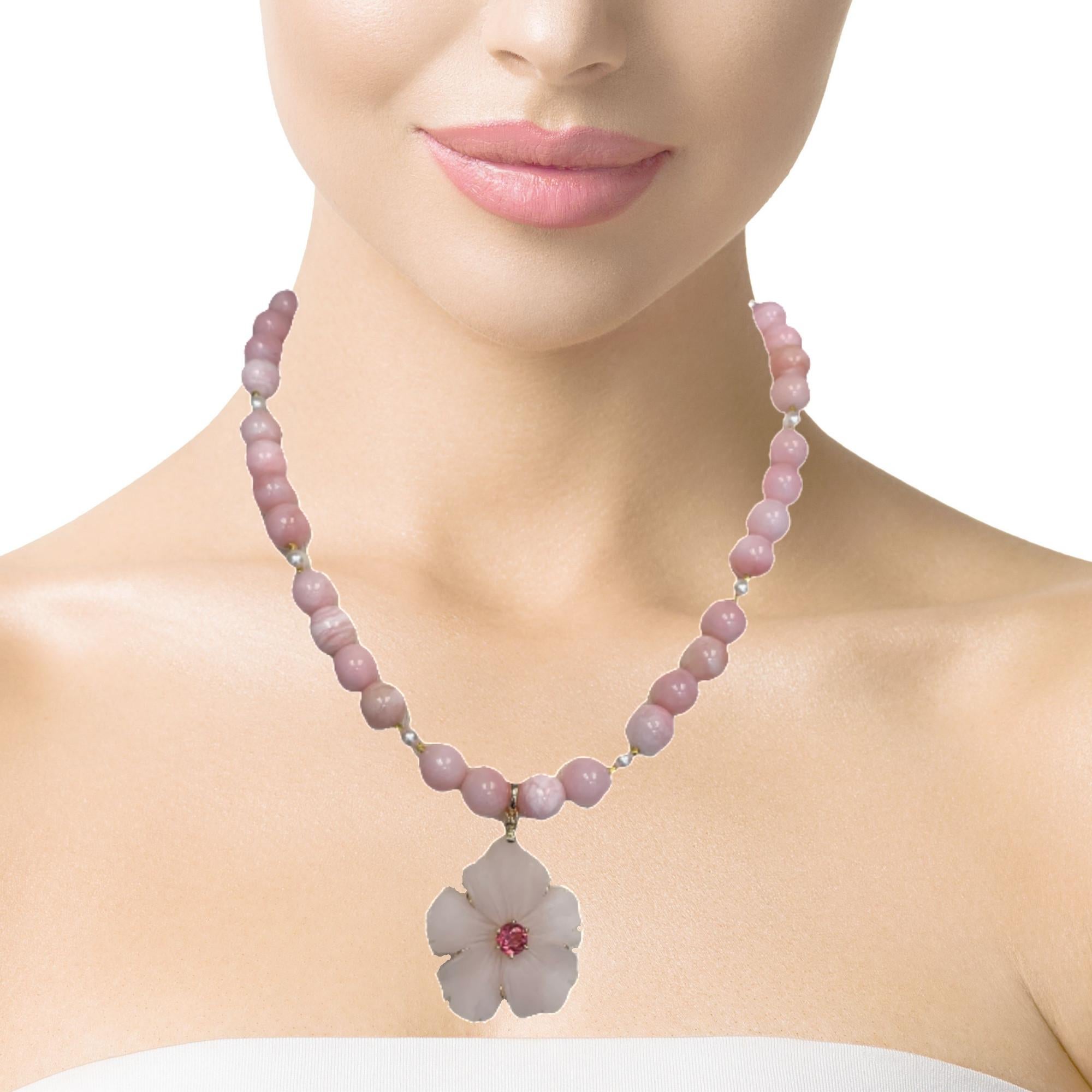 Carved Pink Agate and Tourmaline Pendant with Pink Opal and Pearl Necklace  For Sale 7