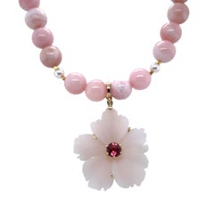 Carved Pink Agate and Tourmaline Pendant with Pink Opal and Pearl Necklace