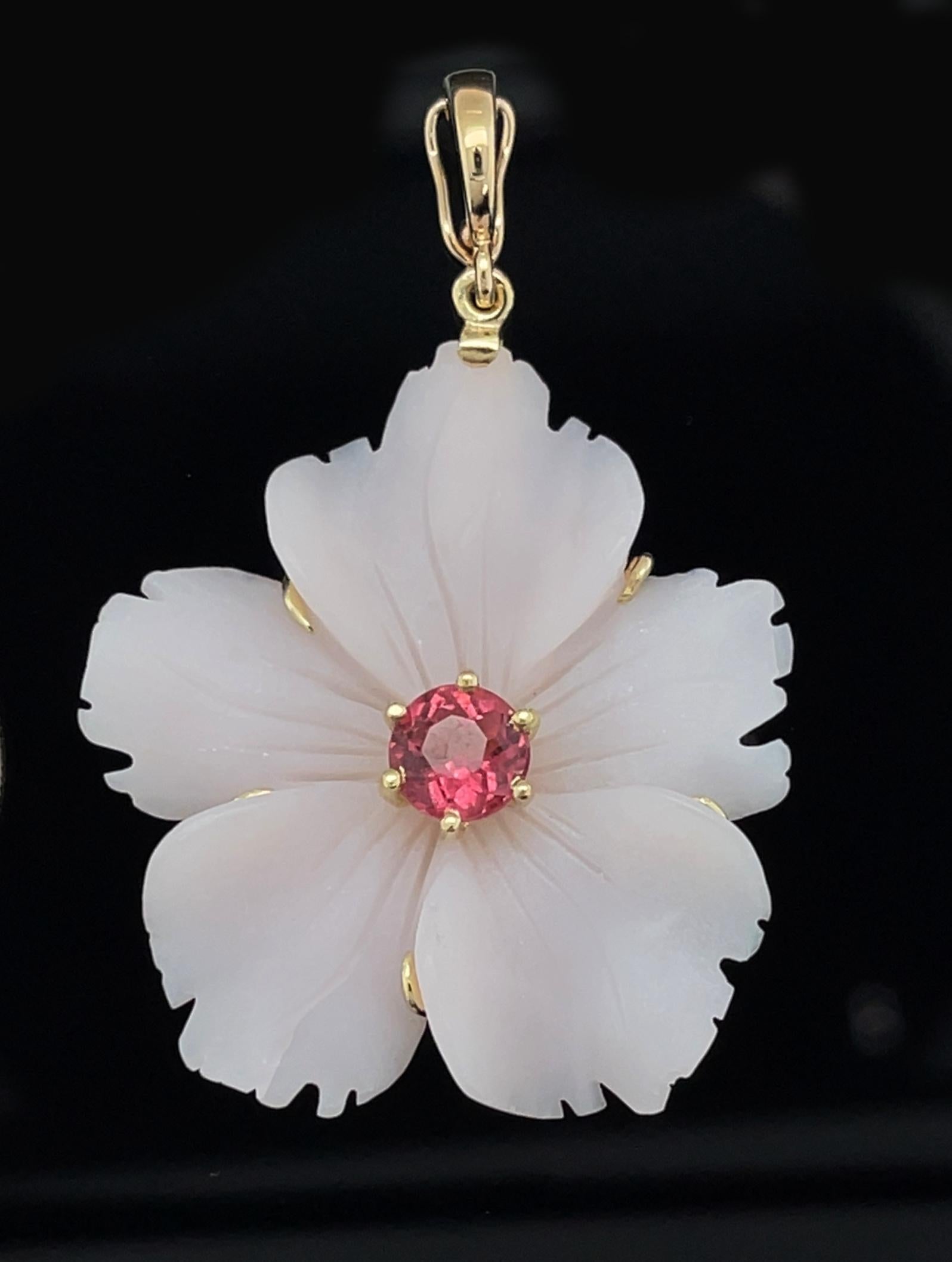 Artisan Carved Pink Agate and Tourmaline Pendant with Pink Opal and Pearl Necklace  For Sale
