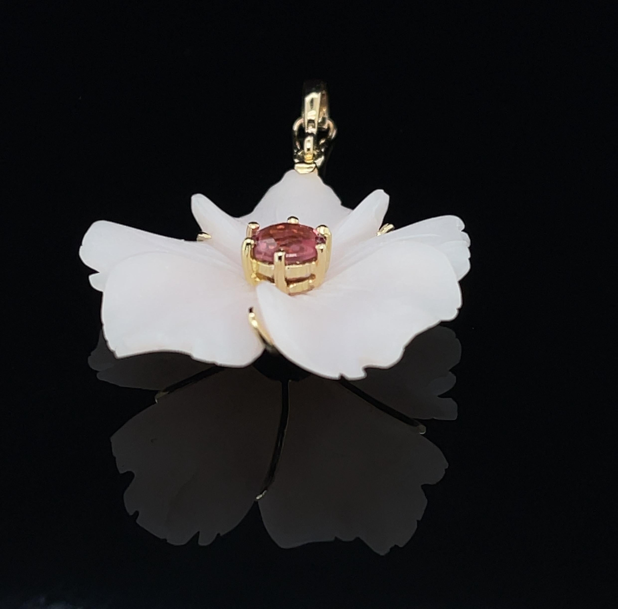 Carved Pink Agate and Tourmaline Pendant with Pink Opal and Pearl Necklace  In New Condition For Sale In Los Angeles, CA