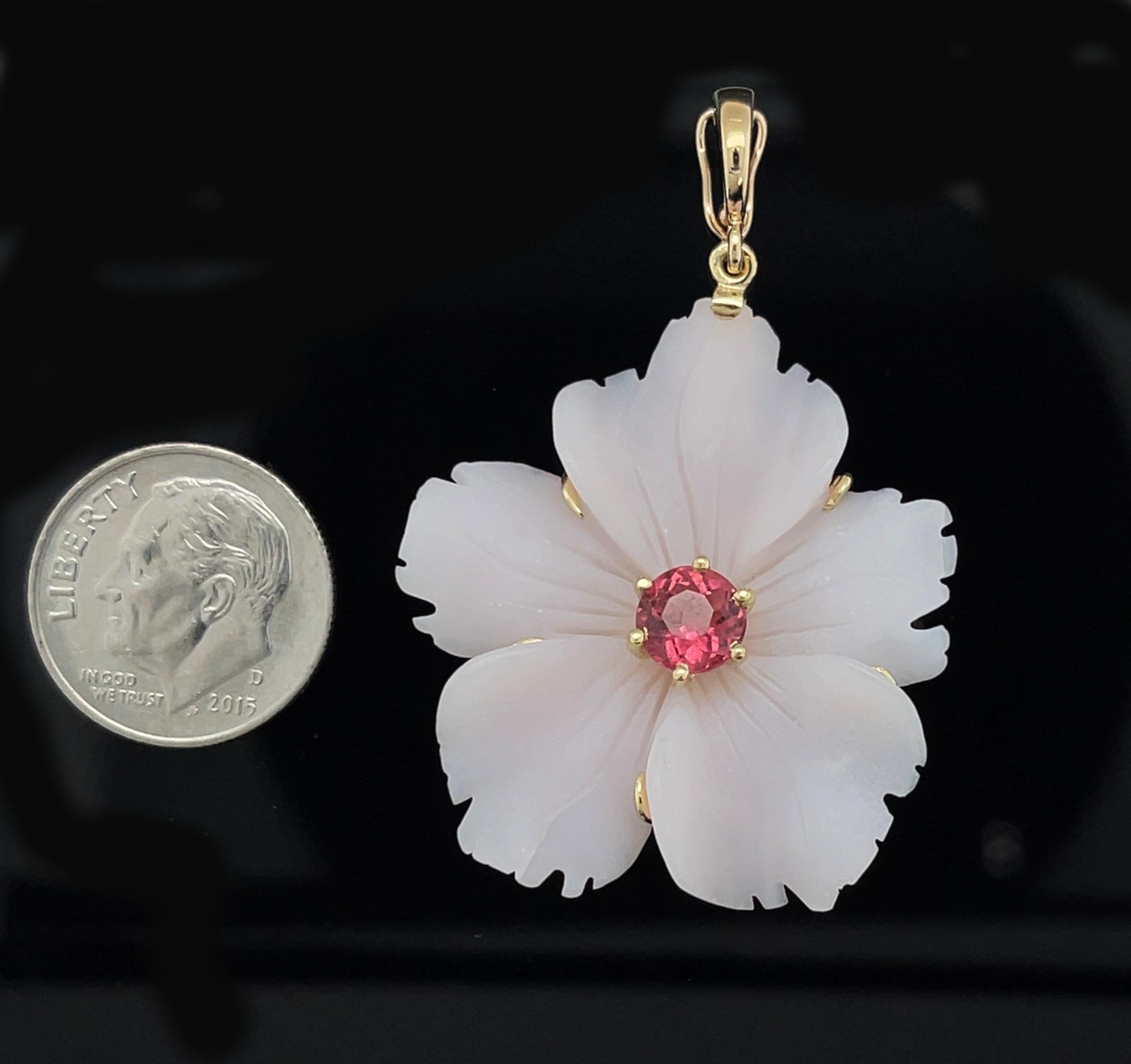 Carved Pink Agate and Tourmaline Pendant with Pink Opal and Pearl Necklace  In New Condition For Sale In Los Angeles, CA