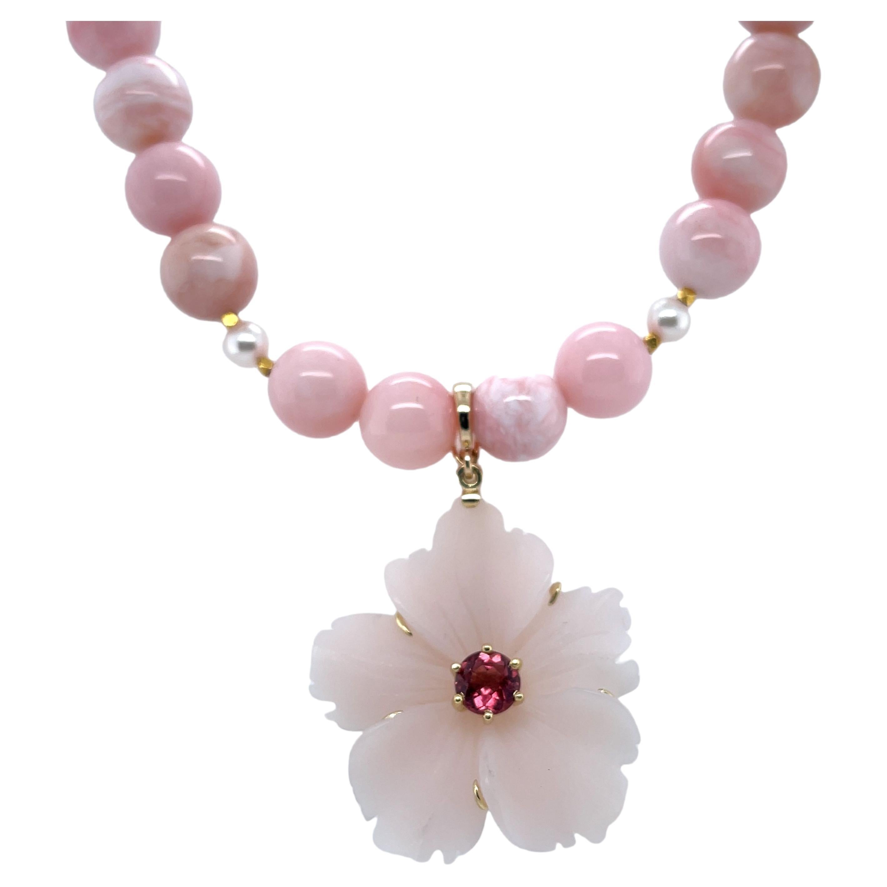 Carved Pink Agate and Tourmaline Pendant with Pink Opal and Pearl Necklace  For Sale
