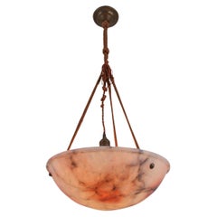 Carved Pink Alabaster French Art Deco Ceiling Light Chandelier