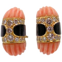 Carved Pink Coral, Black Onyx and Diamond Clip Earrings