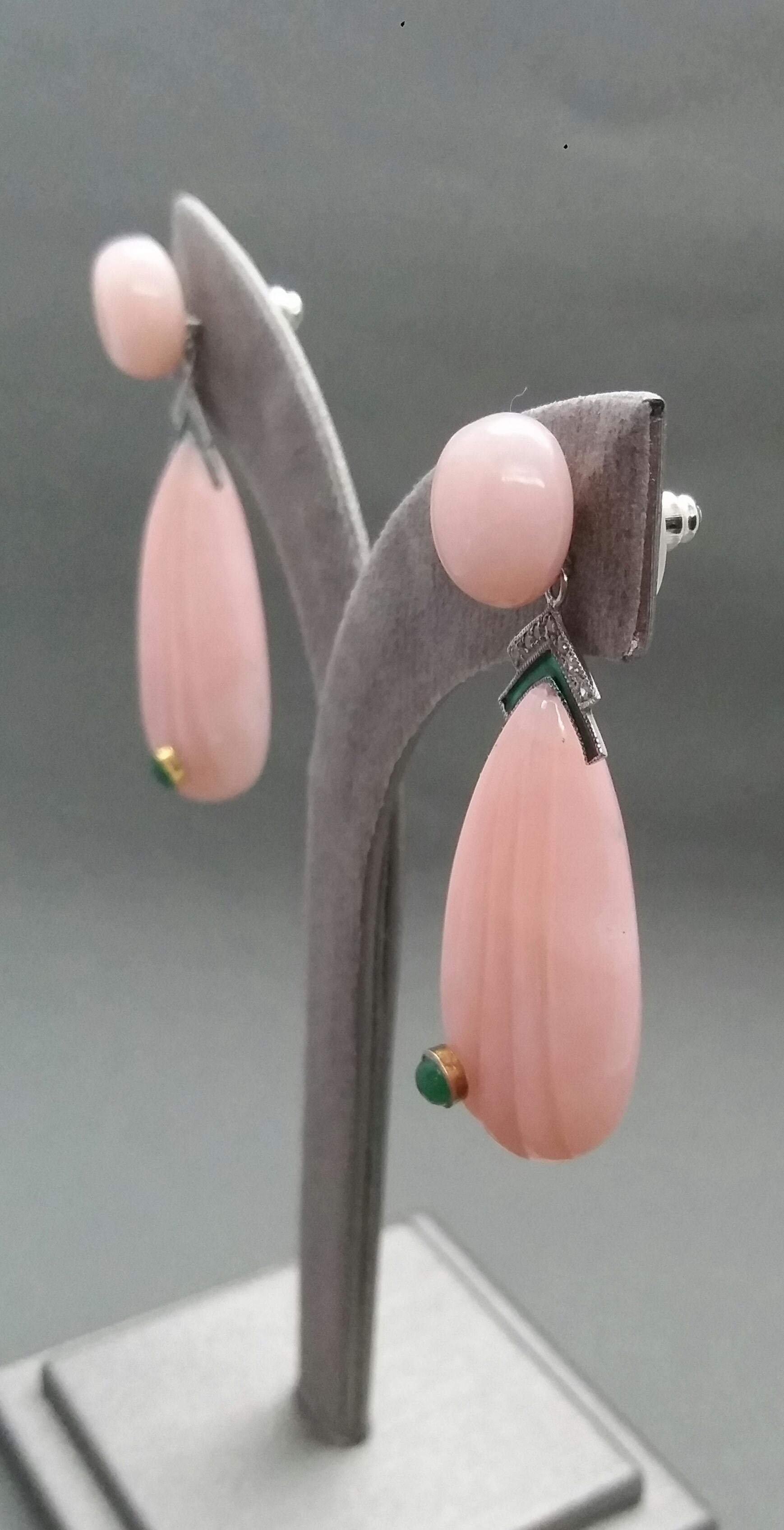 Carved Pink Opal Engraved Drops Emerald Diamonds Green Enamel Gold Earrings For Sale 5