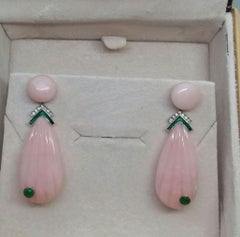 Geschnitzter Pink Opal Eingravierte Tropfen Smaragd Diamanten Grün Emaille Gold Ohrringe