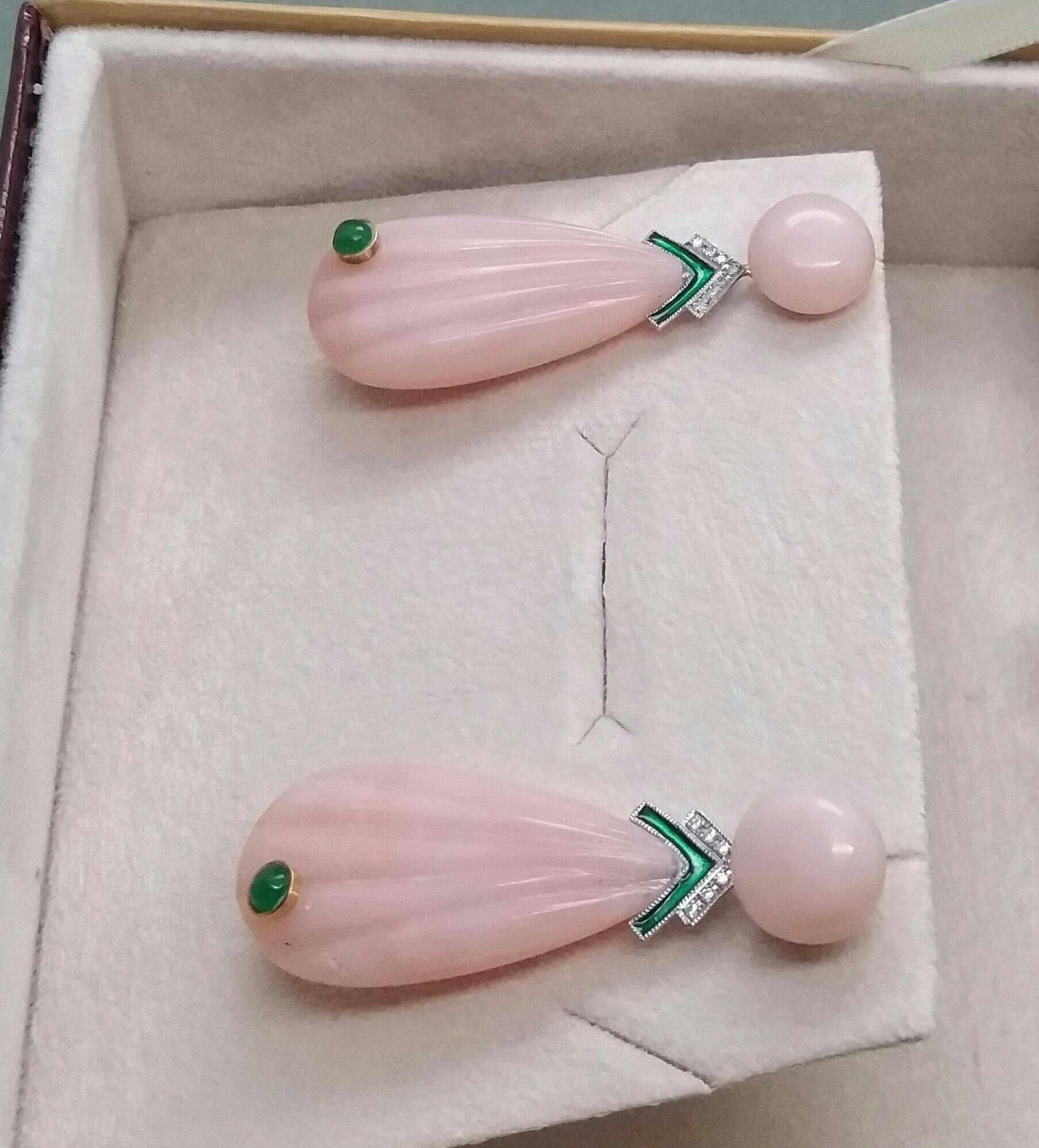 Art Deco Carved Pink Opal Engraved Drops Emerald Diamonds Green Enamel Gold Earrings For Sale