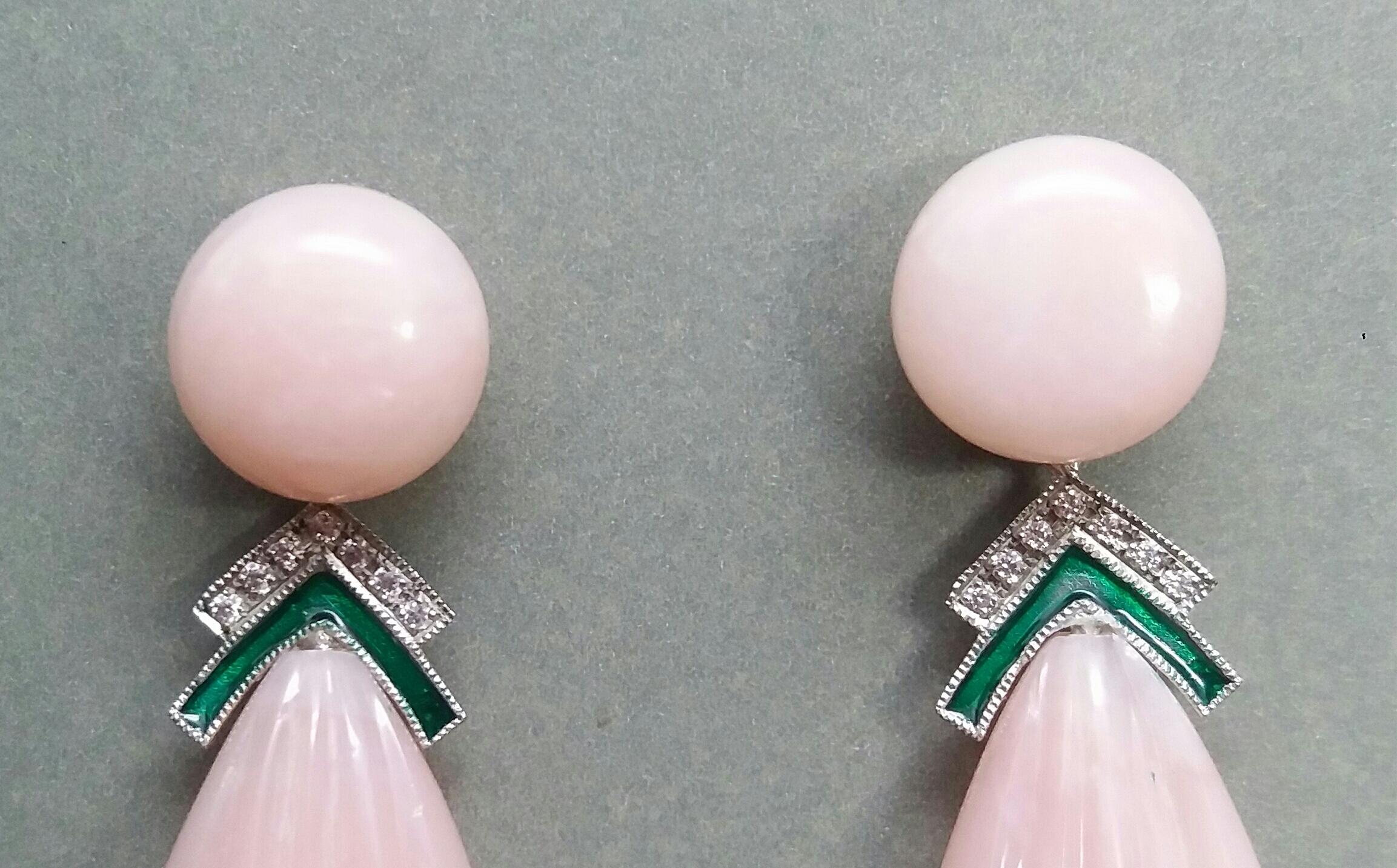 Mixed Cut Carved Pink Opal Engraved Drops Emerald Diamonds Green Enamel Gold Earrings For Sale