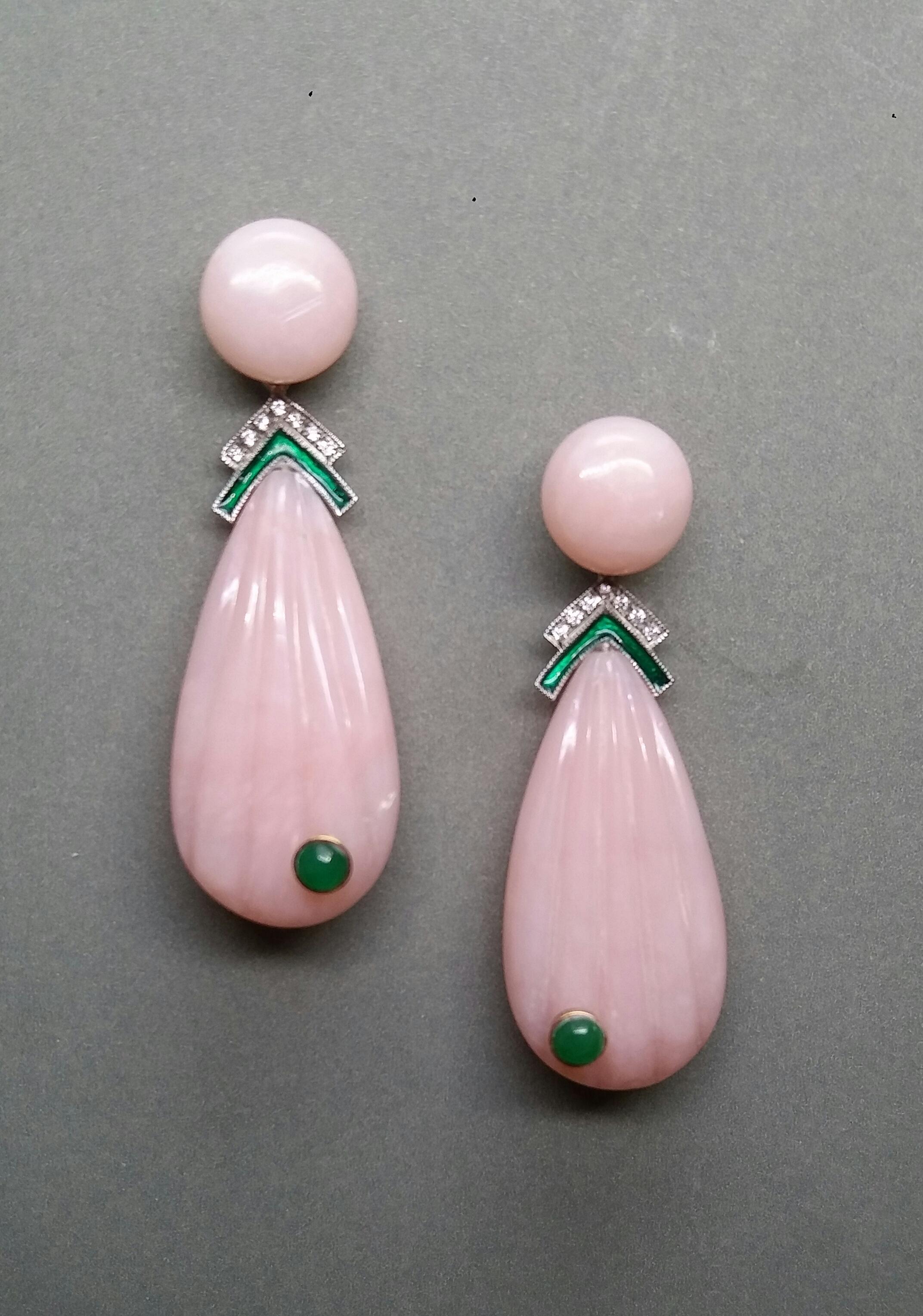 Carved Pink Opal Engraved Drops Emerald Diamonds Green Enamel Gold Earrings In Good Condition For Sale In Bangkok, TH