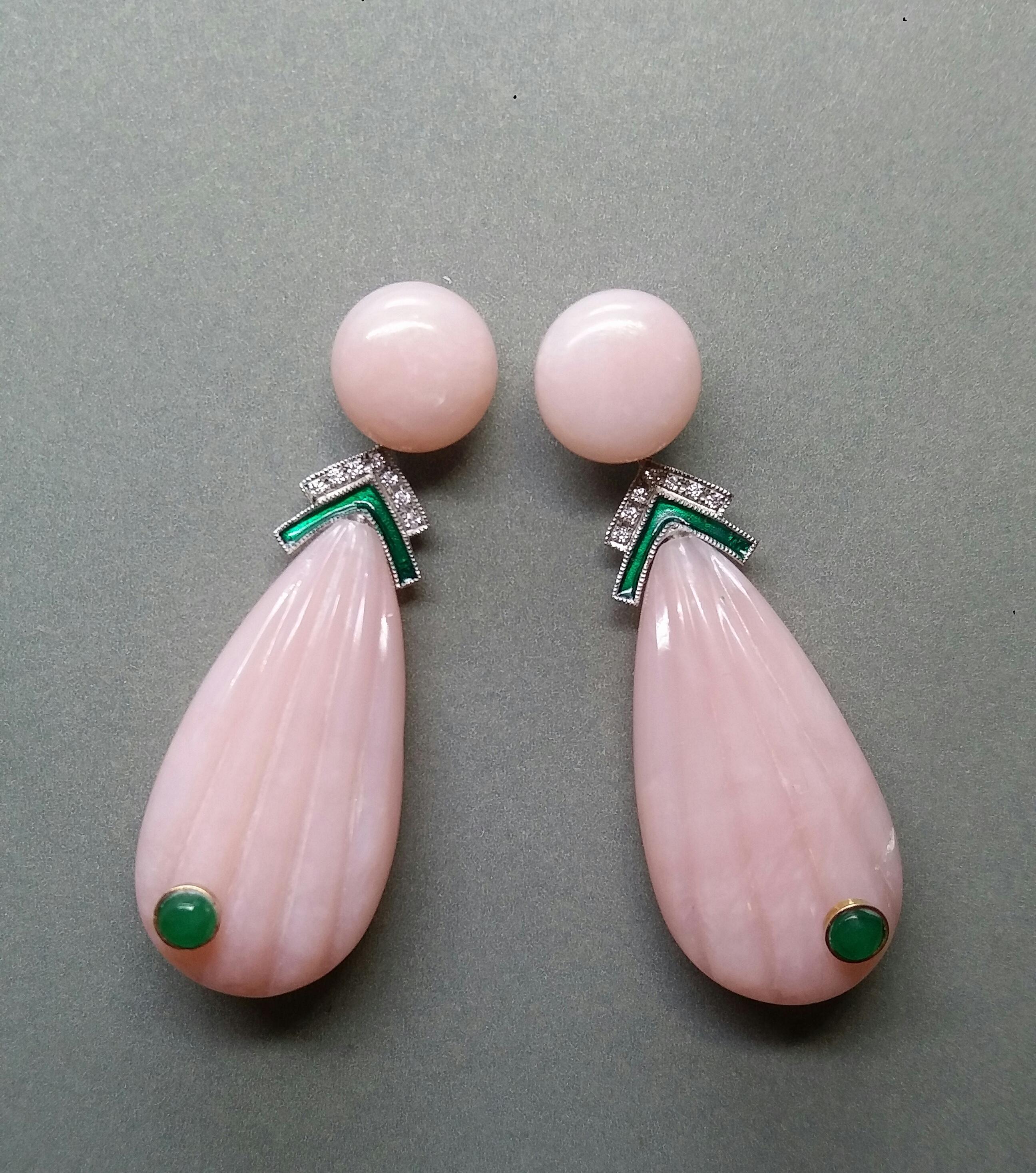 Women's Carved Pink Opal Engraved Drops Emerald Diamonds Green Enamel Gold Earrings For Sale
