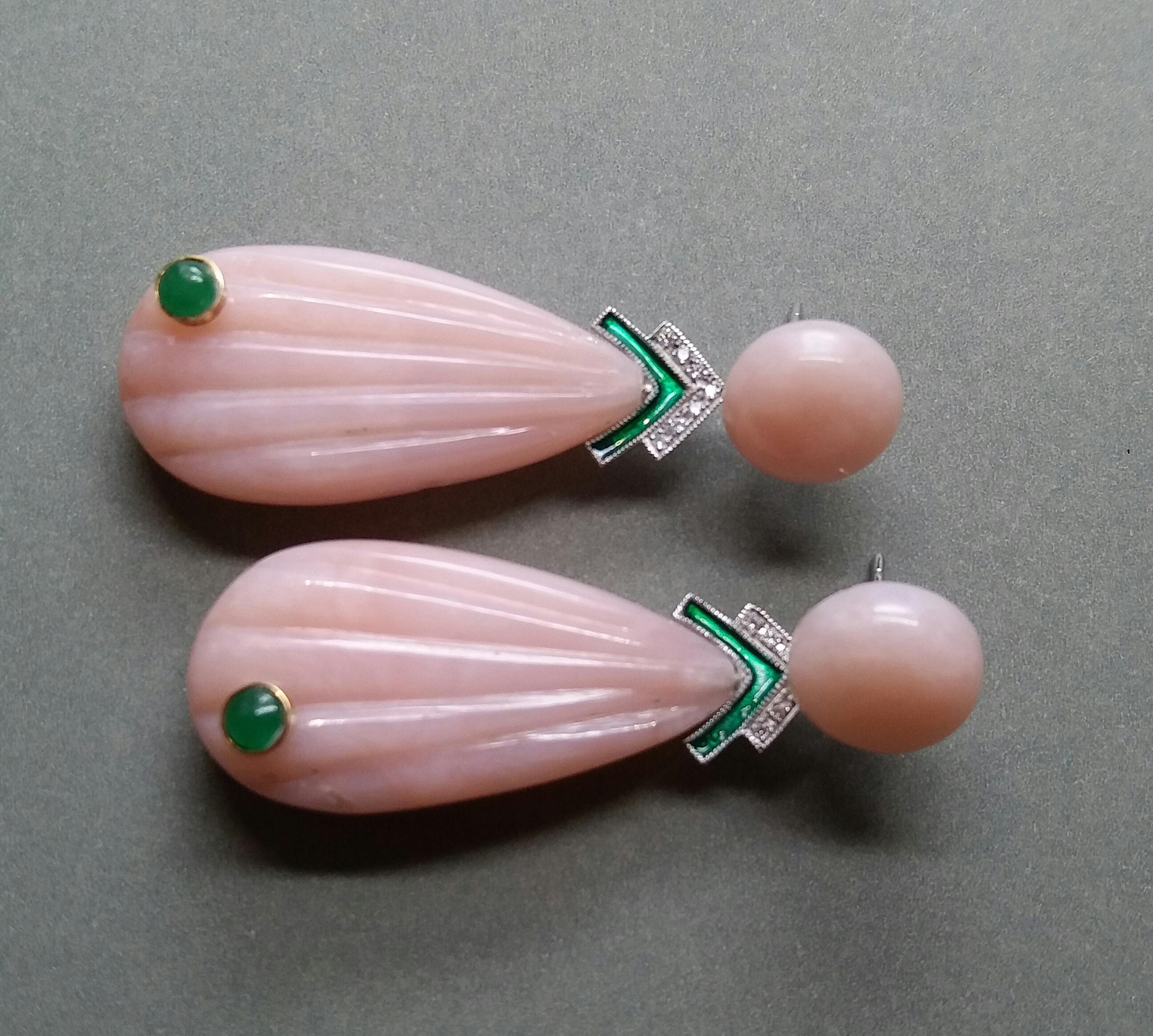 Carved Pink Opal Engraved Drops Emerald Diamonds Green Enamel Gold Earrings For Sale 1