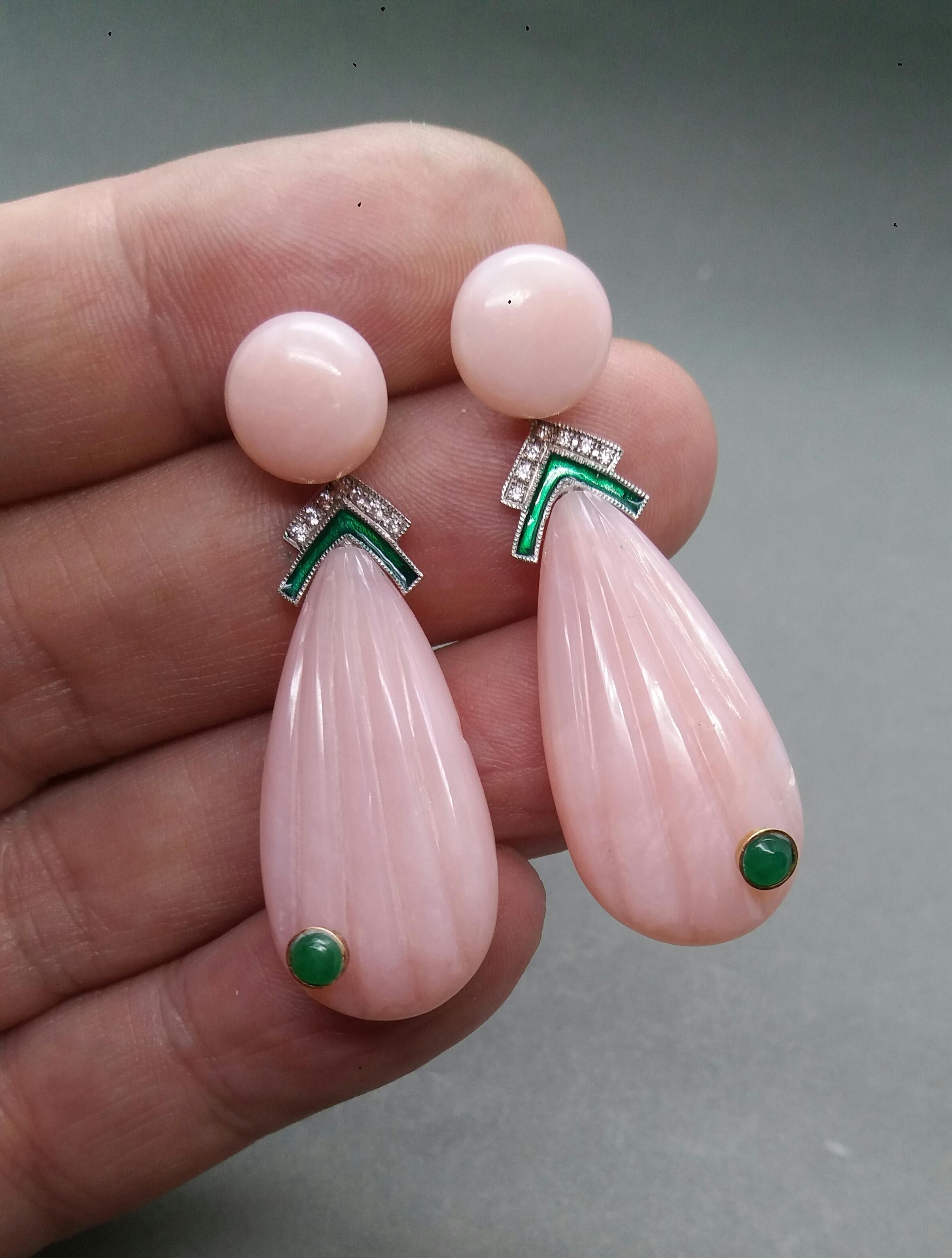 Carved Pink Opal Engraved Drops Emerald Diamonds Green Enamel Gold Earrings For Sale 2