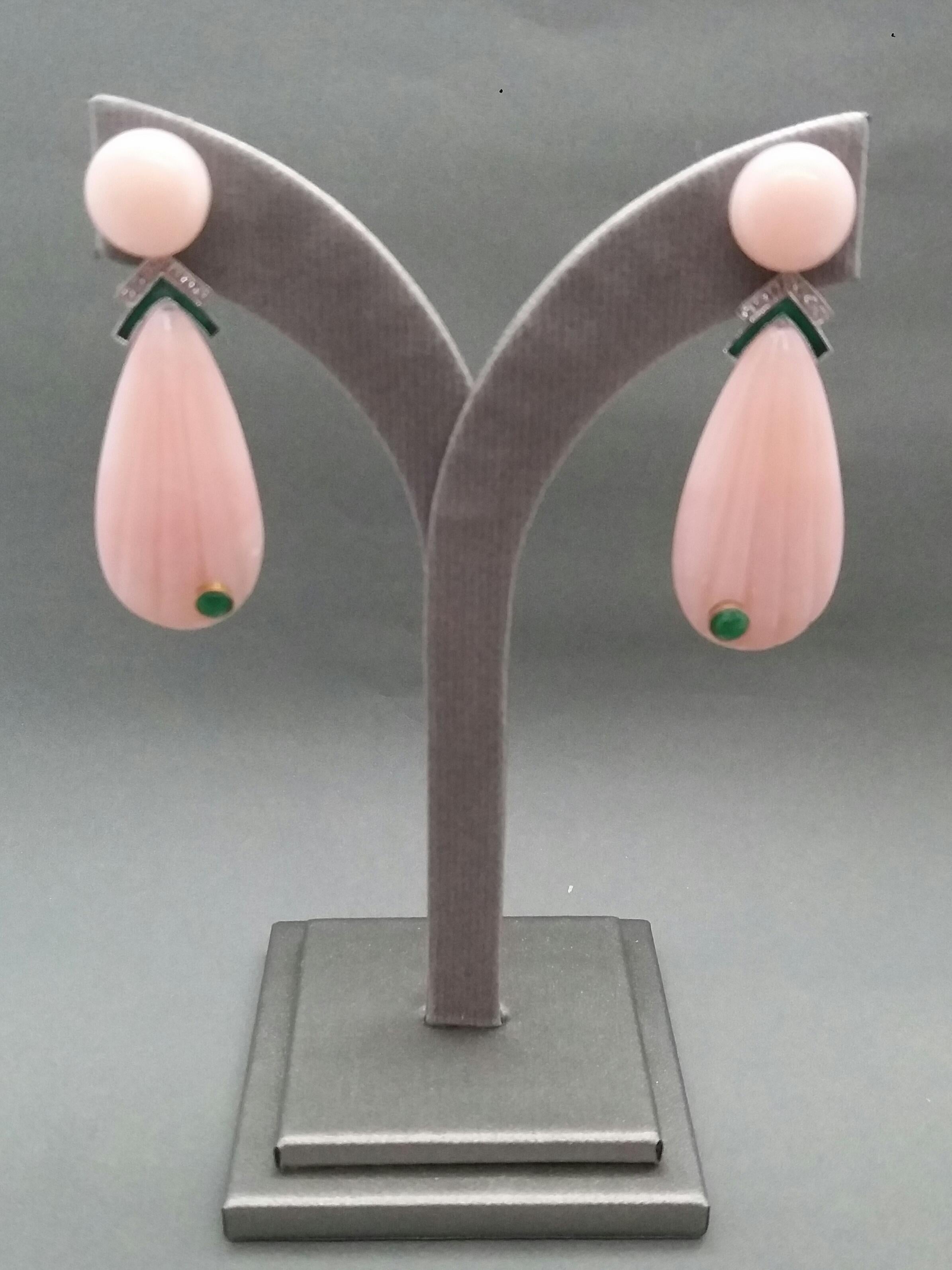 Carved Pink Opal Engraved Drops Emerald Diamonds Green Enamel Gold Earrings For Sale 3