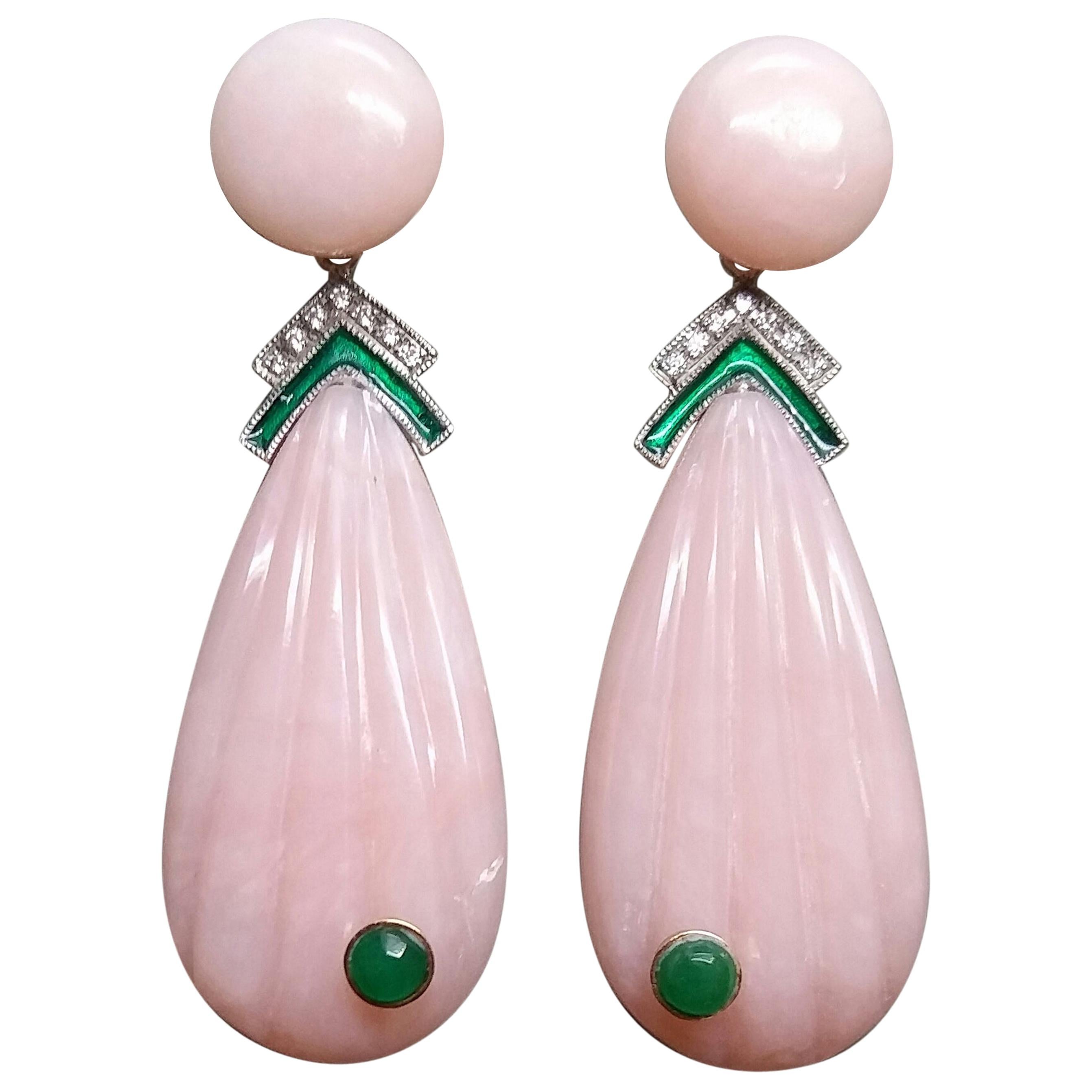 Carved Pink Opal Engraved Drops Emerald Diamonds Green Enamel Gold Earrings For Sale