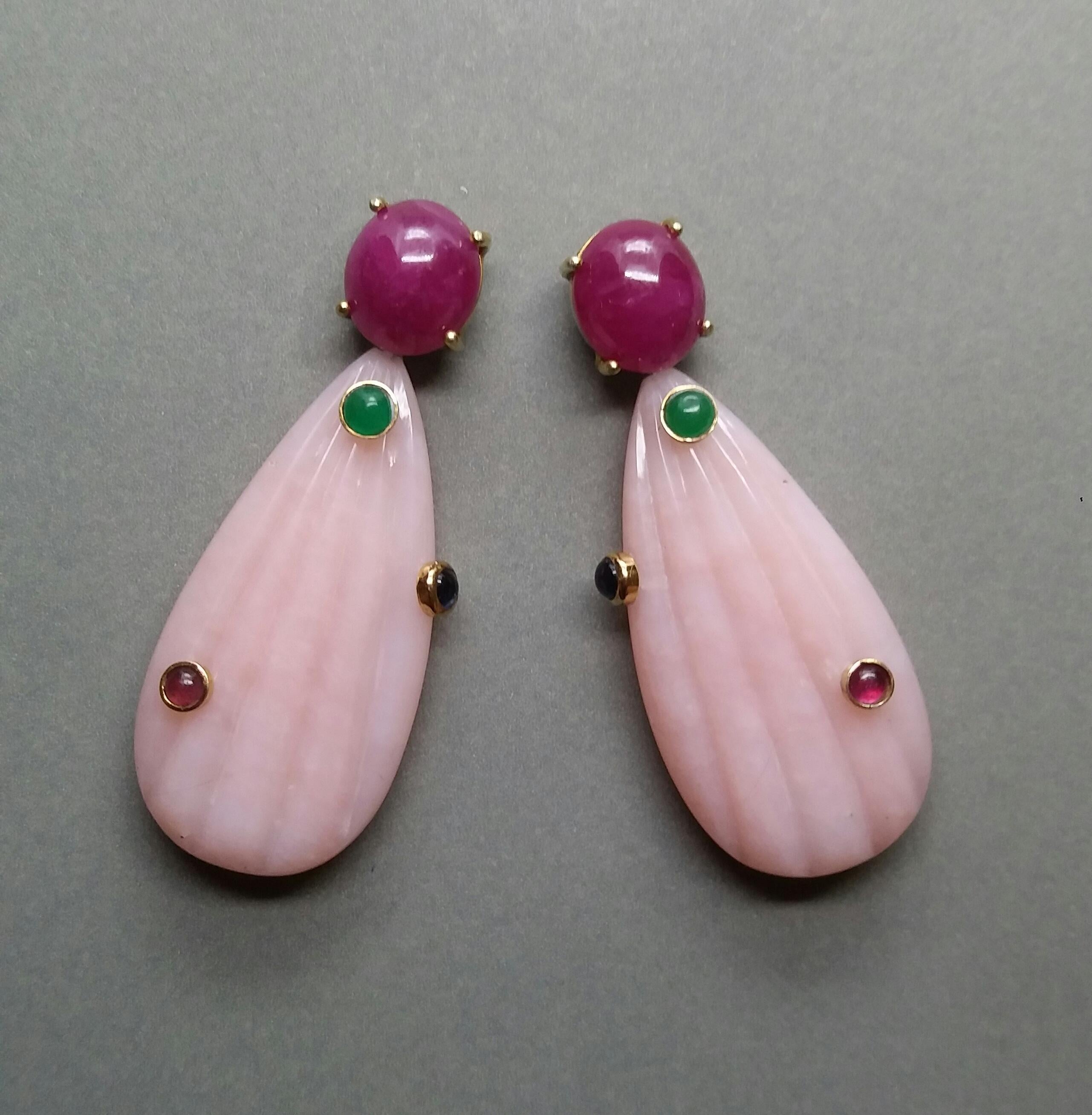 Carved Pink Opal Engraved Drops Ruby Emerald Blue Sapphire Cabs Gold Earrings For Sale 3