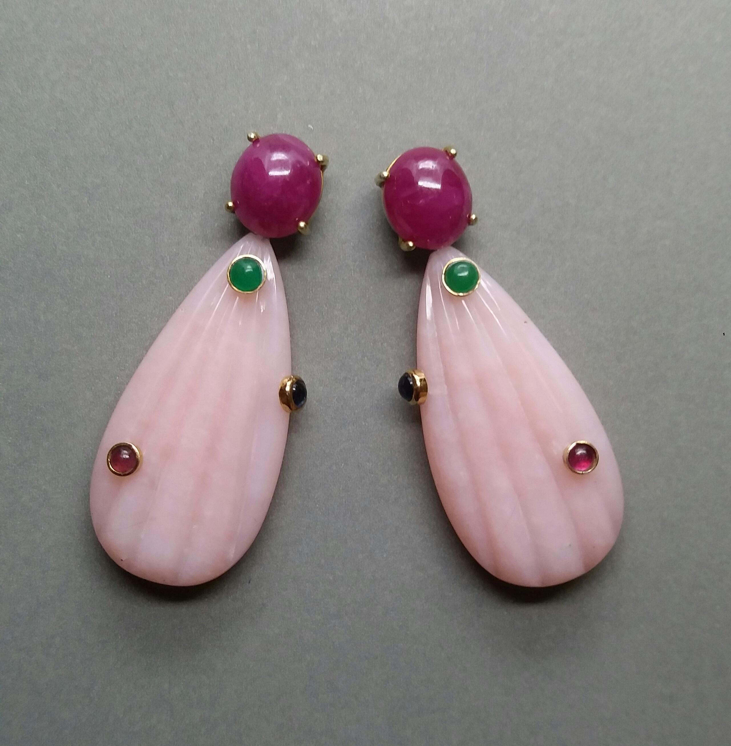 Carved Pink Opal Engraved Drops Ruby Emerald Blue Sapphire Cabs Gold Earrings For Sale 4