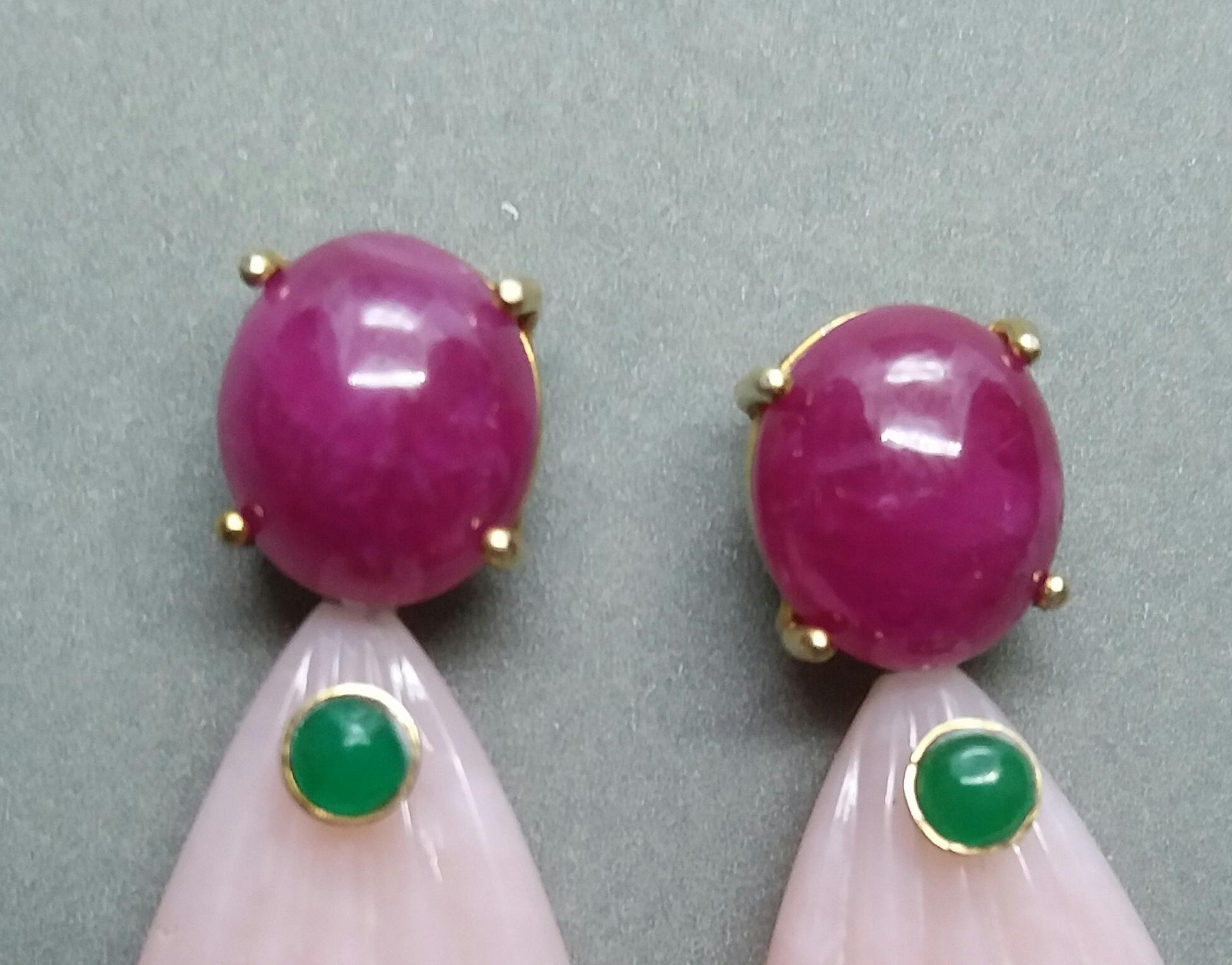 Carved Pink Opal Engraved Drops Ruby Emerald Blue Sapphire Cabs Gold Earrings For Sale 4
