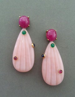 Carved Pink Opal Engraved Drops Ruby Emerald Blue Sapphire Cabs Gold Earrings