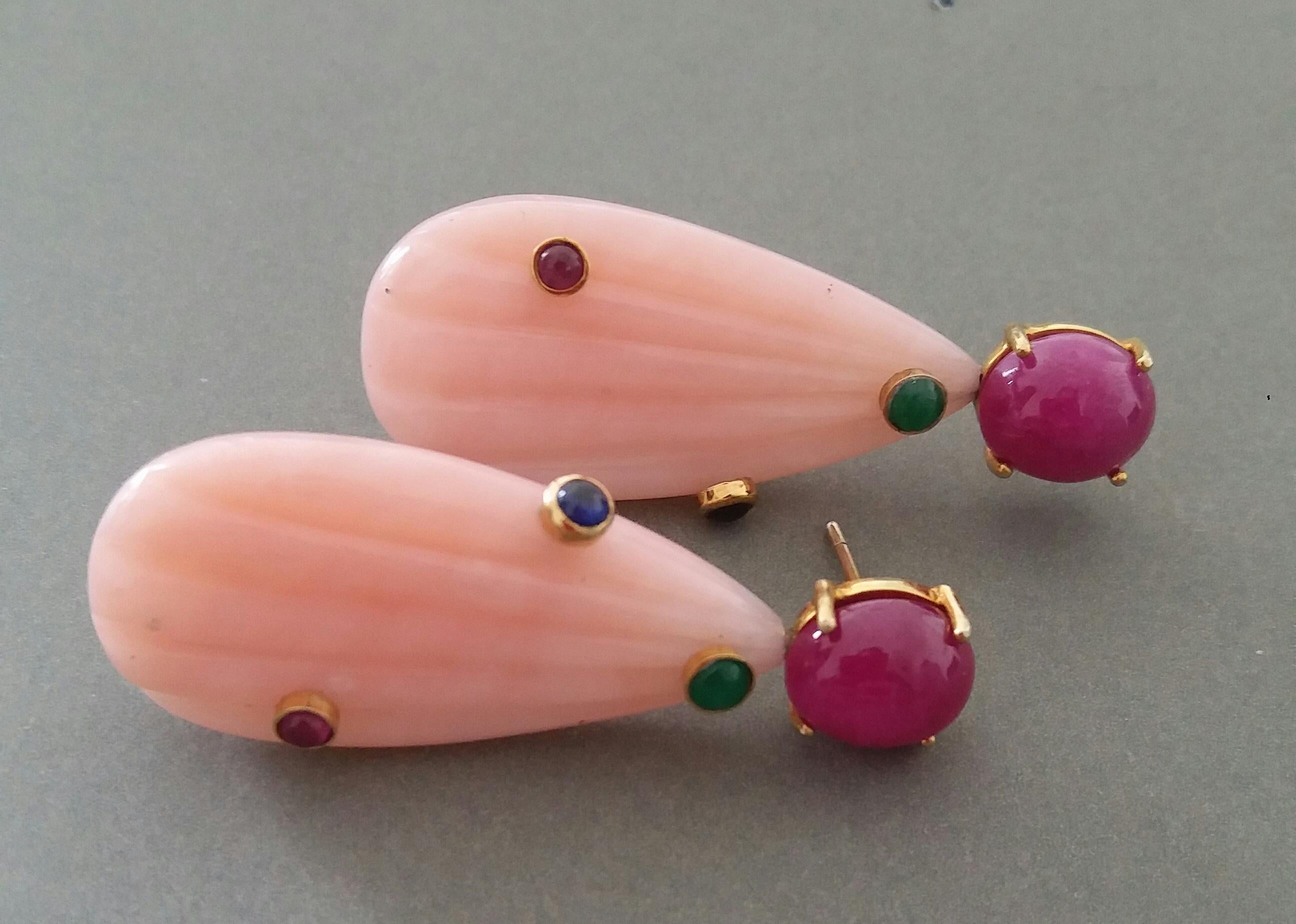 Art Deco Carved Pink Opal Engraved Drops Ruby Emerald Blue Sapphire Cabs Gold Earrings For Sale