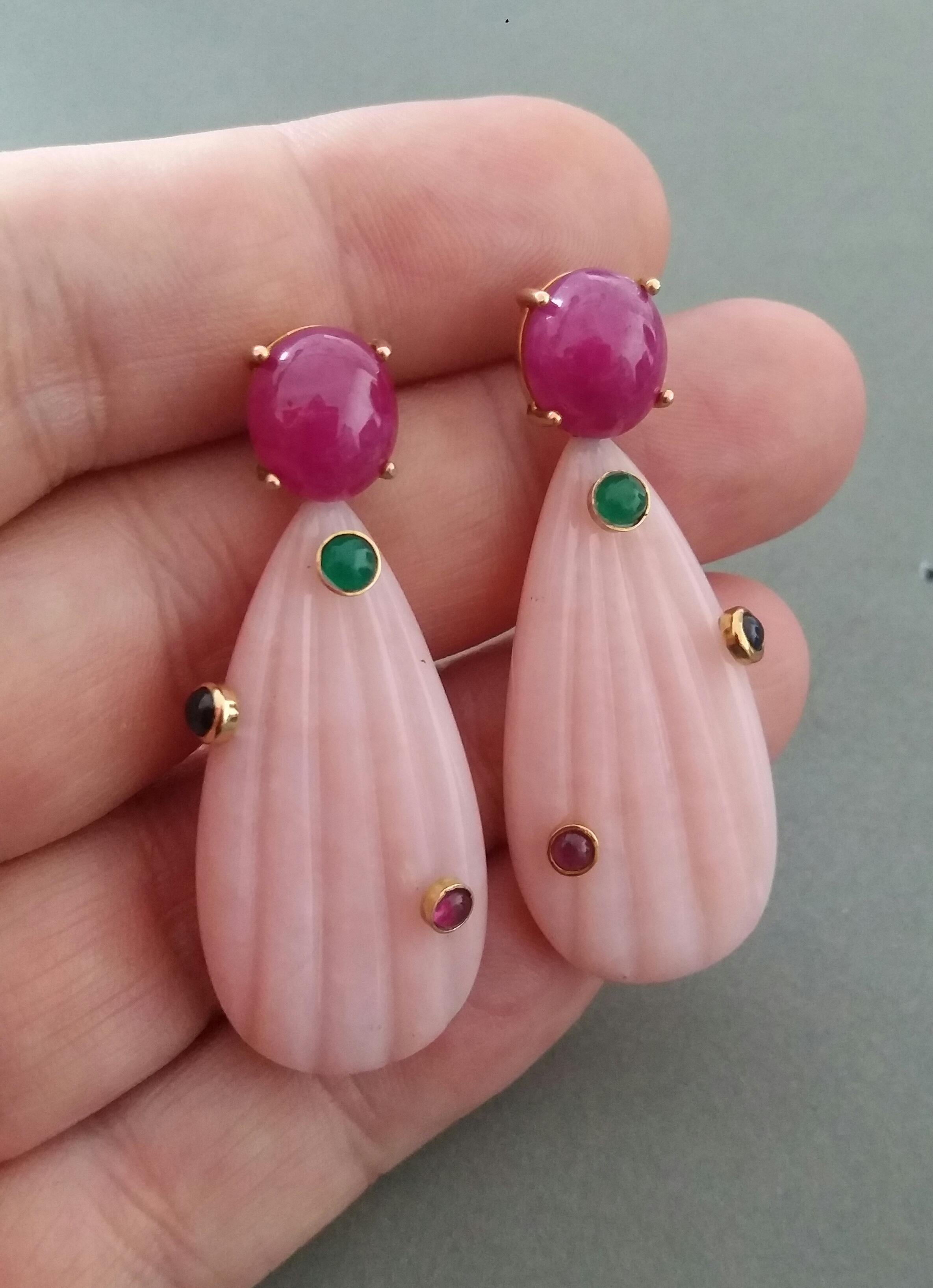 Art Deco Carved Pink Opal Engraved Drops Ruby Emerald Blue Sapphire Cabs Gold Earrings For Sale