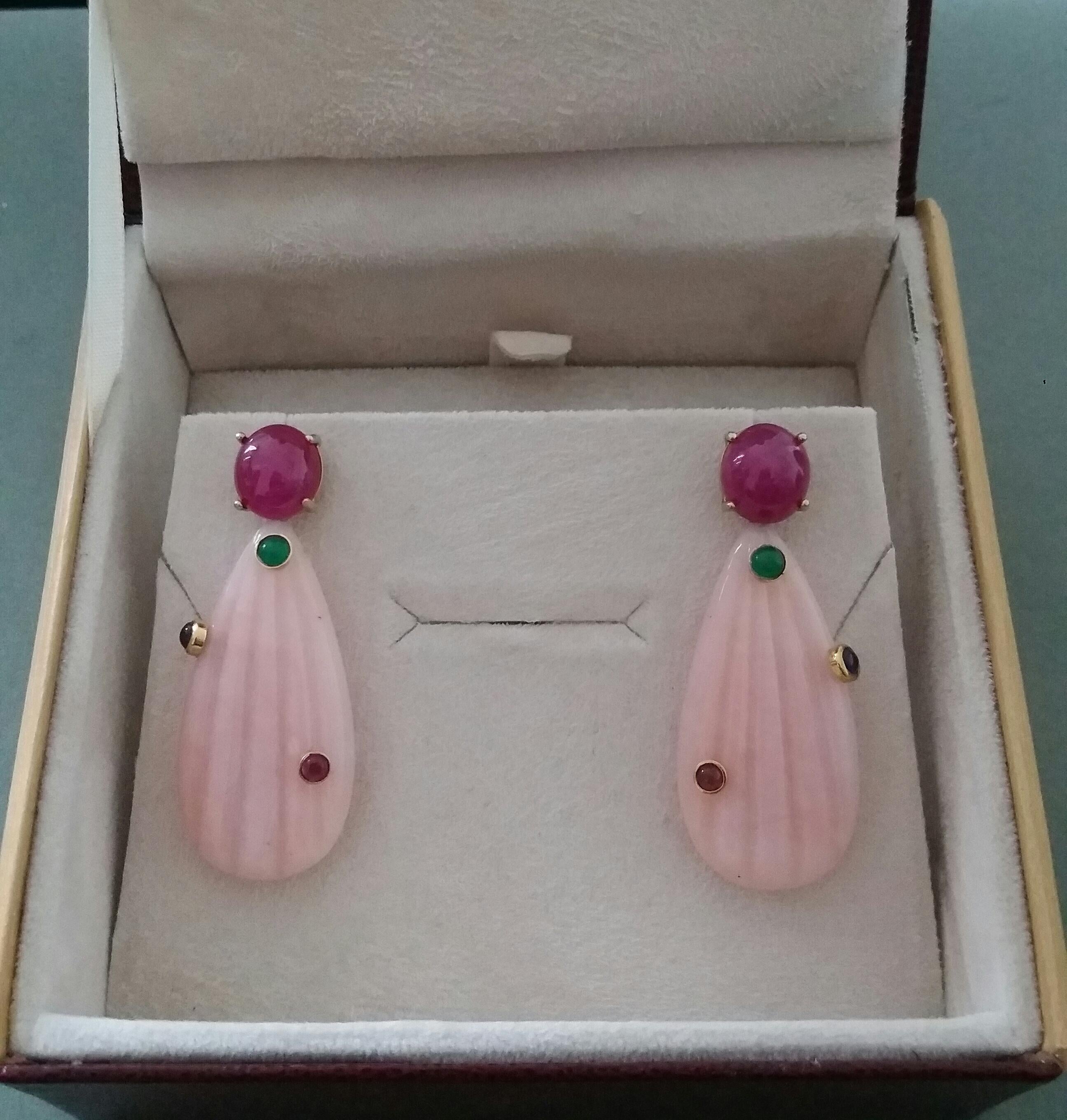 Mixed Cut Carved Pink Opal Engraved Drops Ruby Emerald Blue Sapphire Cabs Gold Earrings For Sale