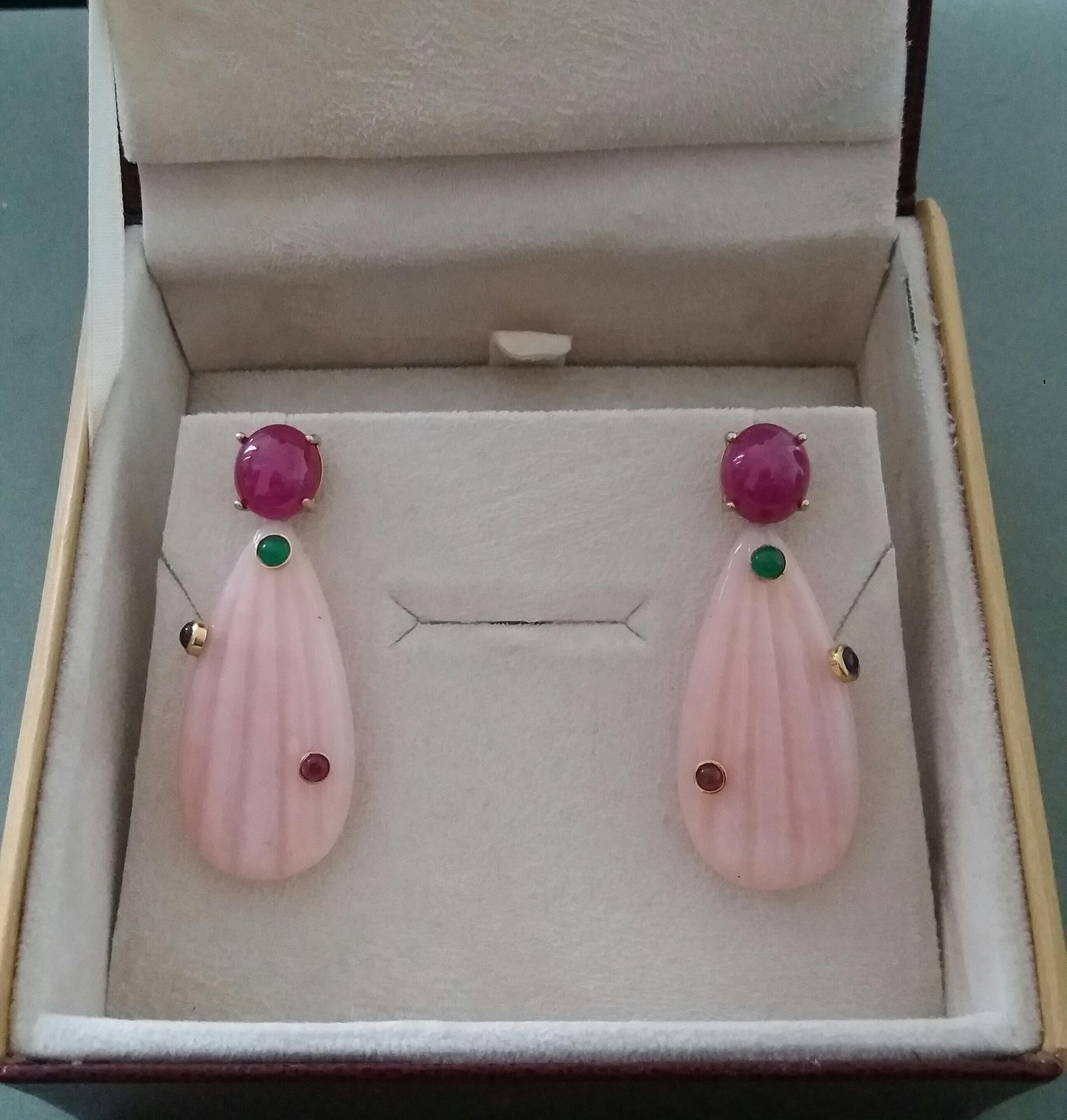 Carved Pink Opal Engraved Drops Ruby Emerald Blue Sapphire Cabs Gold Earrings In Good Condition For Sale In Bangkok, TH
