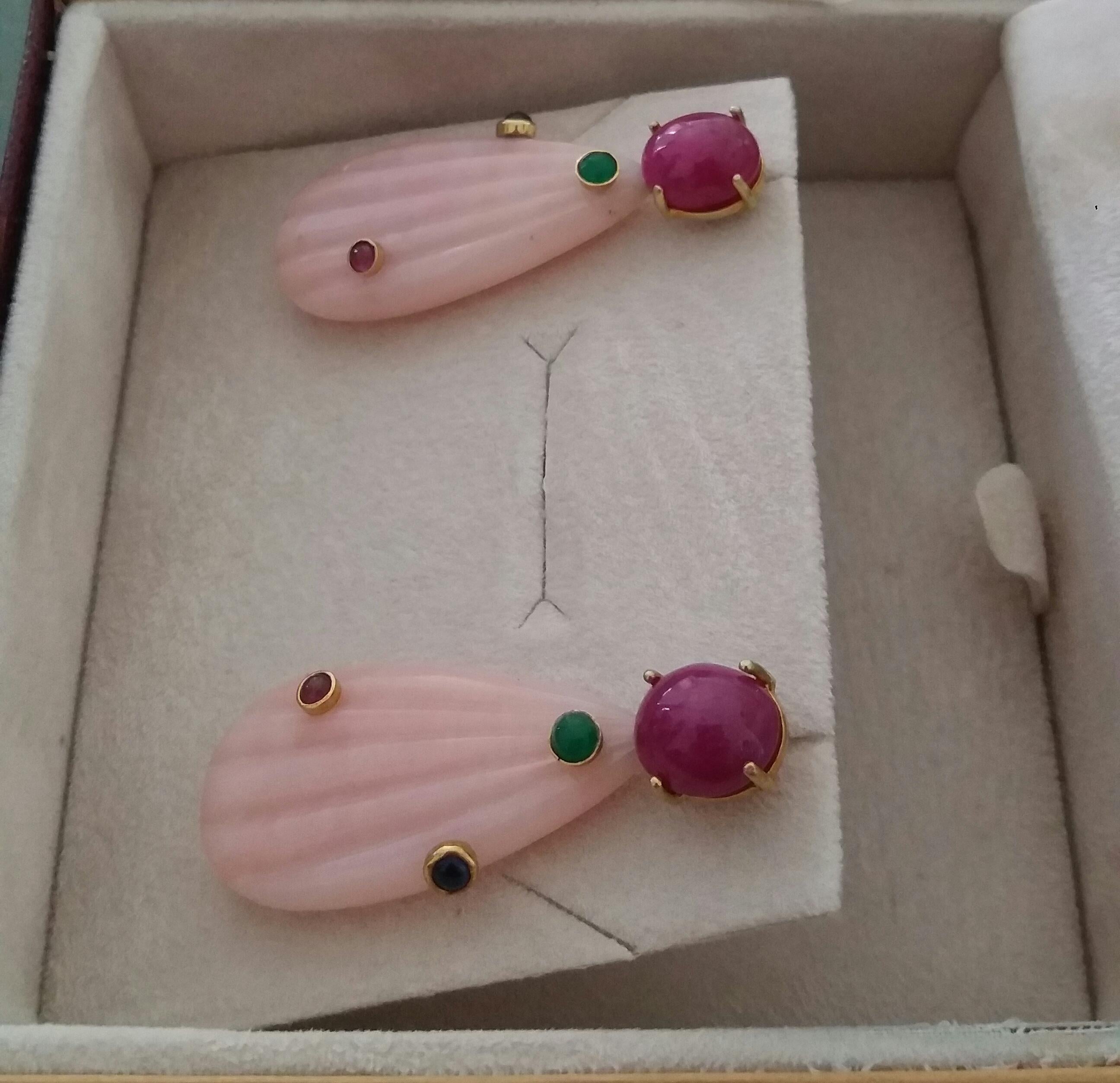 Carved Pink Opal Engraved Drops Ruby Emerald Blue Sapphire Cabs Gold Earrings In Good Condition For Sale In Bangkok, TH