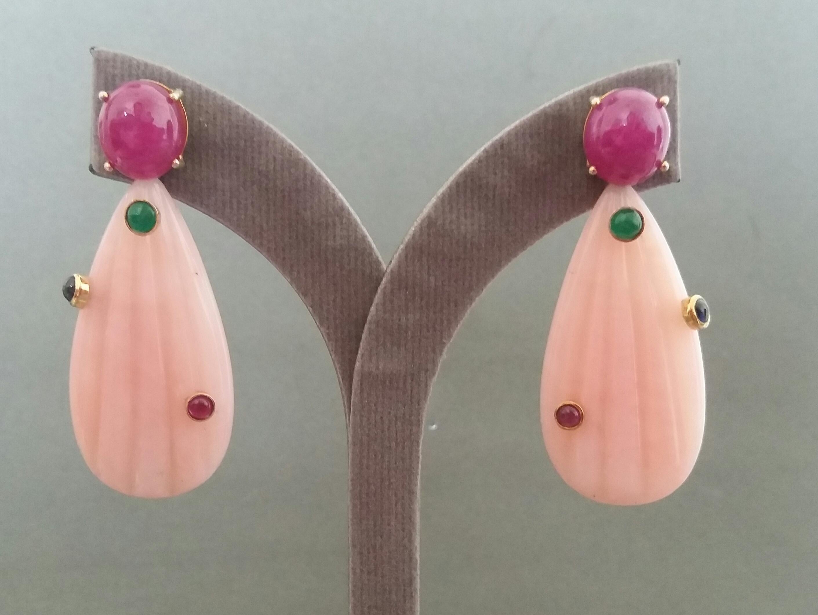 Carved Pink Opal Engraved Drops Ruby Emerald Blue Sapphire Cabs Gold Earrings For Sale 1