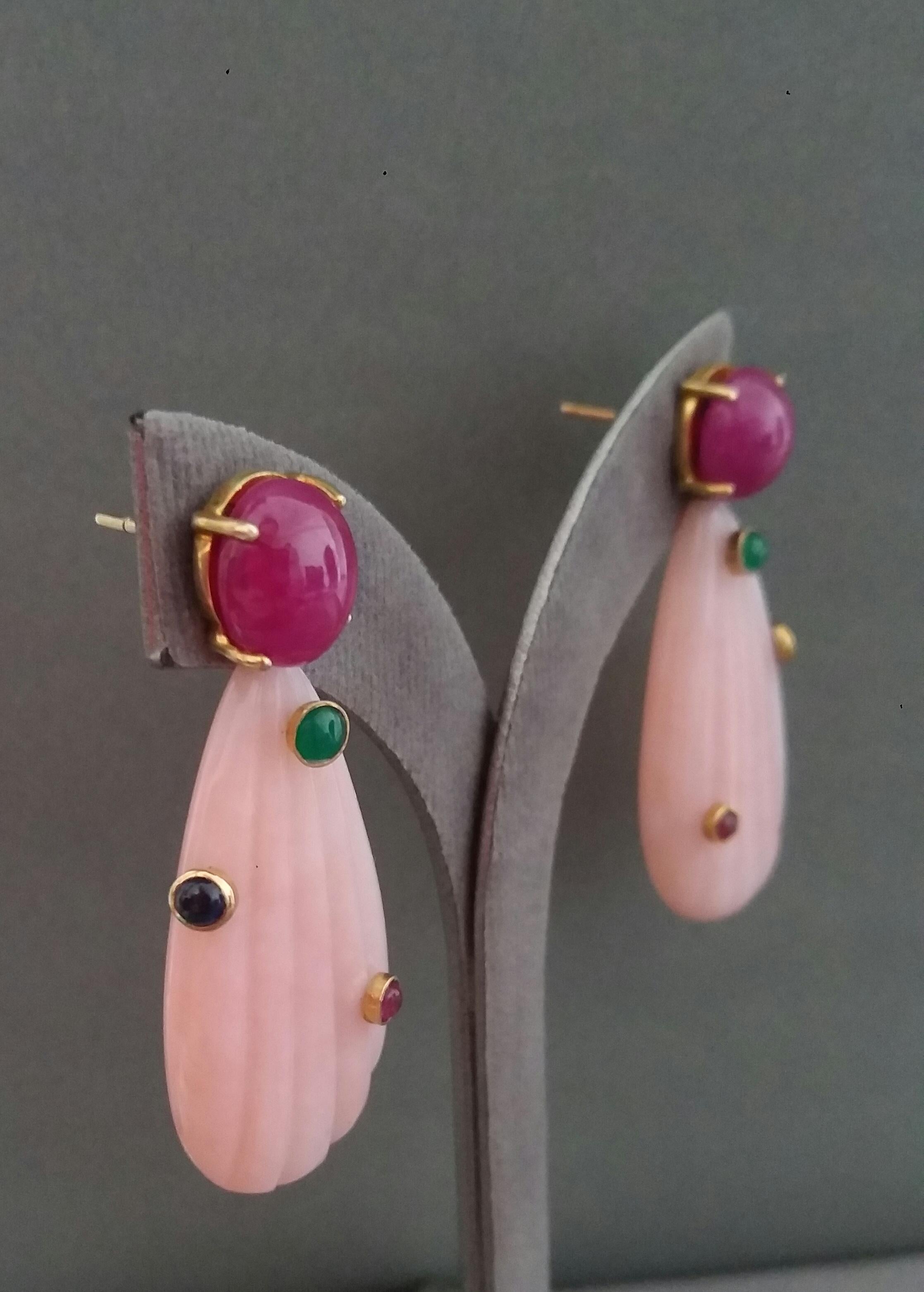 Carved Pink Opal Engraved Drops Ruby Emerald Blue Sapphire Cabs Gold Earrings For Sale 1