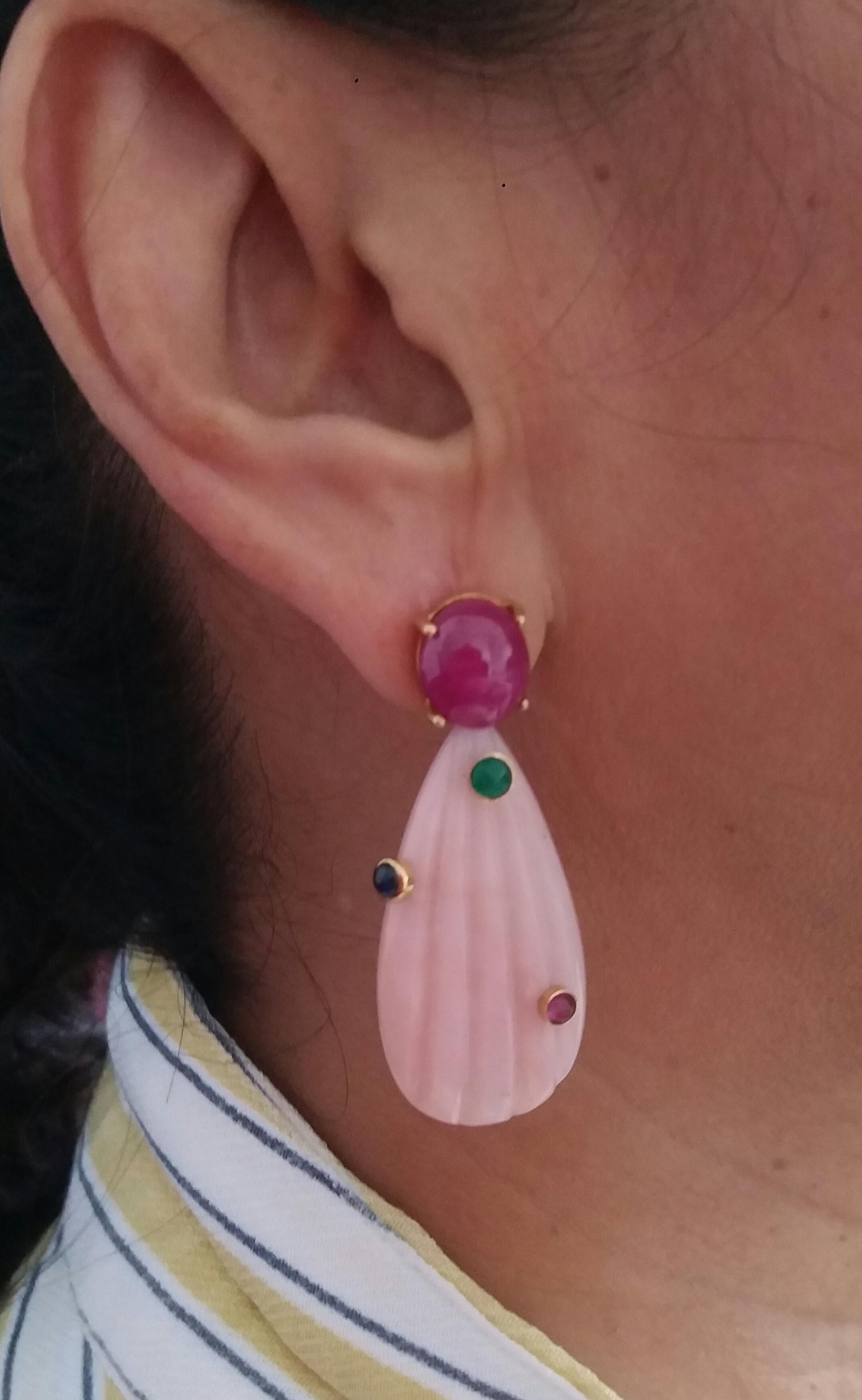 Carved Pink Opal Engraved Drops Ruby Emerald Blue Sapphire Cabs Gold Earrings For Sale 2