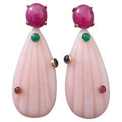 Carved Pink Opal Engraved Drops Ruby Emerald Blue Sapphire Cabs Gold Earrings