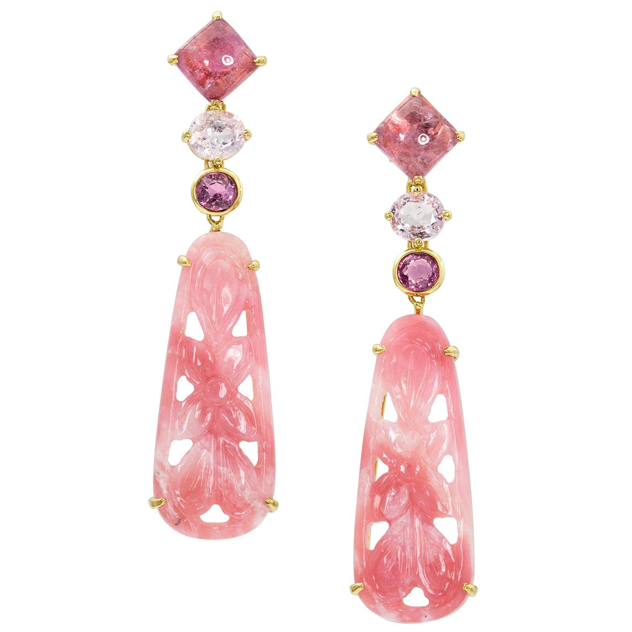 18 Karat Yellow Gold Carved Pink Opal Sapphire Tourmaline Drop Dangle Earrings