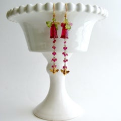 Carved Pink Quartz Pink Sapphire Peridot Lemon Quartz Leaves Bee Flower Earrings