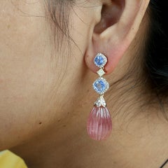 Carved Pink Tourmaline Drop Dangle Earrings Added With Blue Sapphire & Diamonds