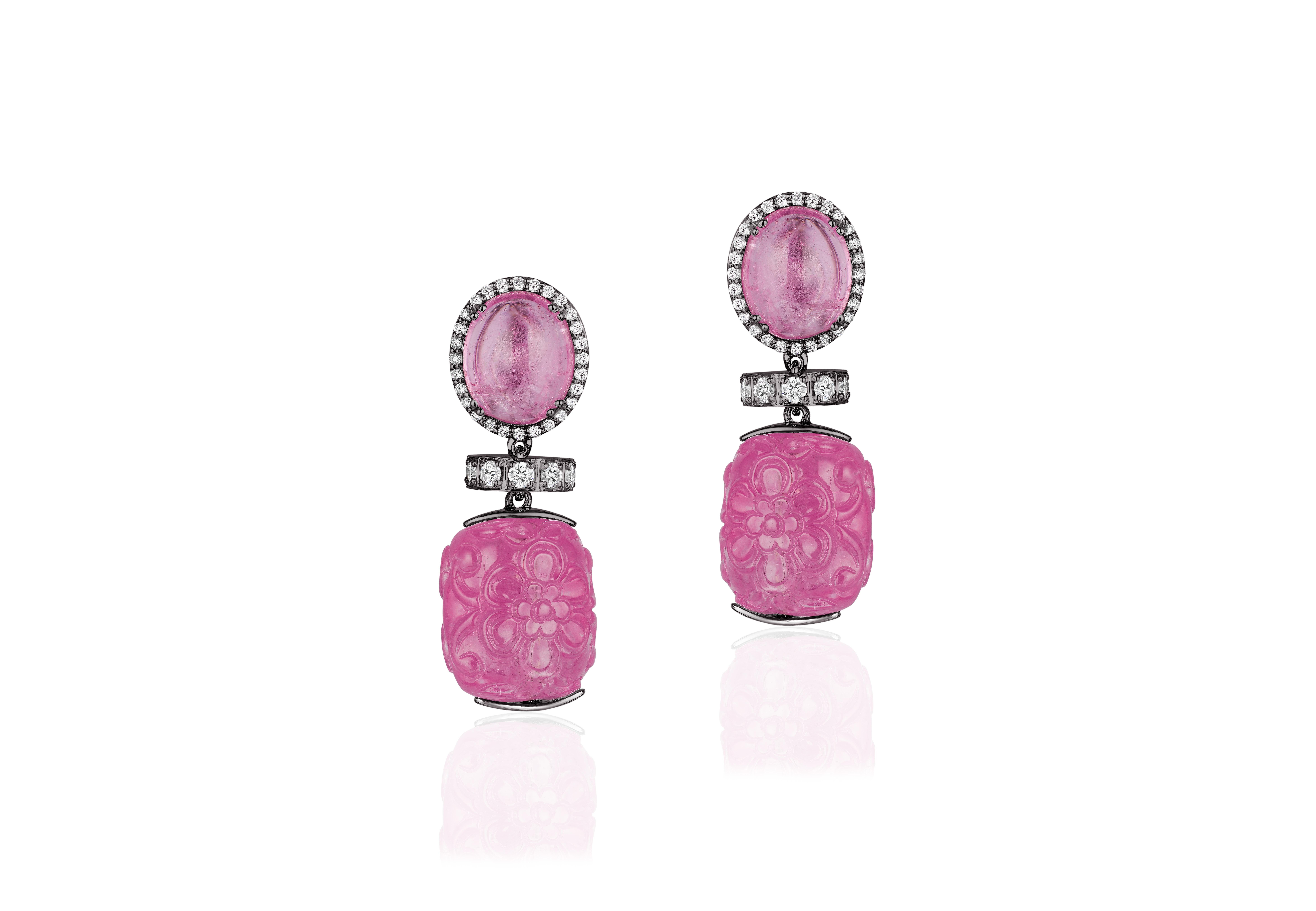 Carved Pink Tourmaline Earrings with Diamonds in 18k White Gold, from 'G-One' Collection

Gemstone Weight: Tourmaline- 62.15 Carats

Diamond: G-H / VS, Approx Wt: 1.28 Carats