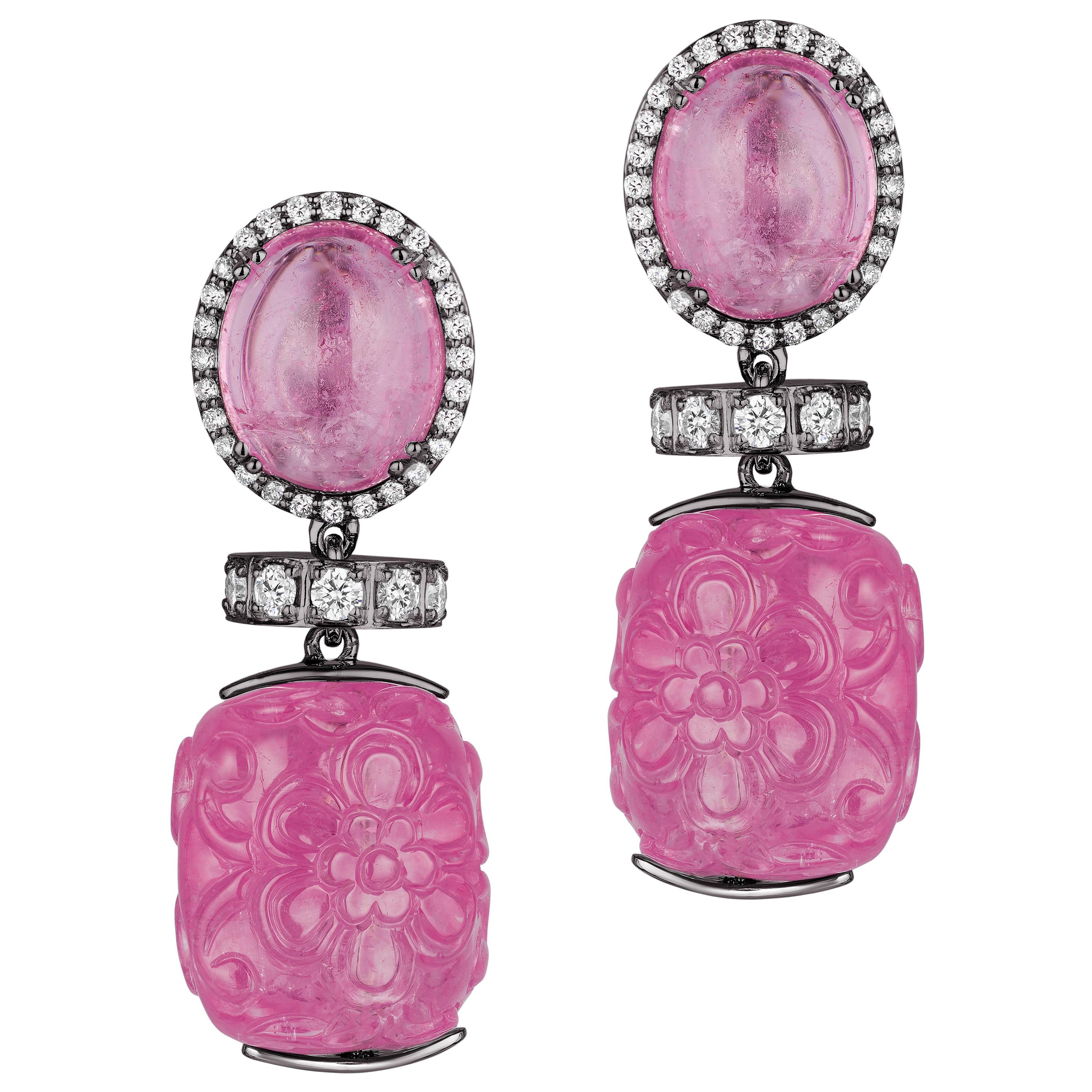 Goshwara Carved Pink Tourmaline And Diamond Earrings