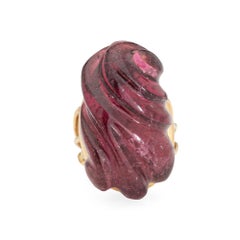 Carved Pink Tourmaline Ring Vintage 18k Yellow Gold Large Cocktail Jewelry Sz 4