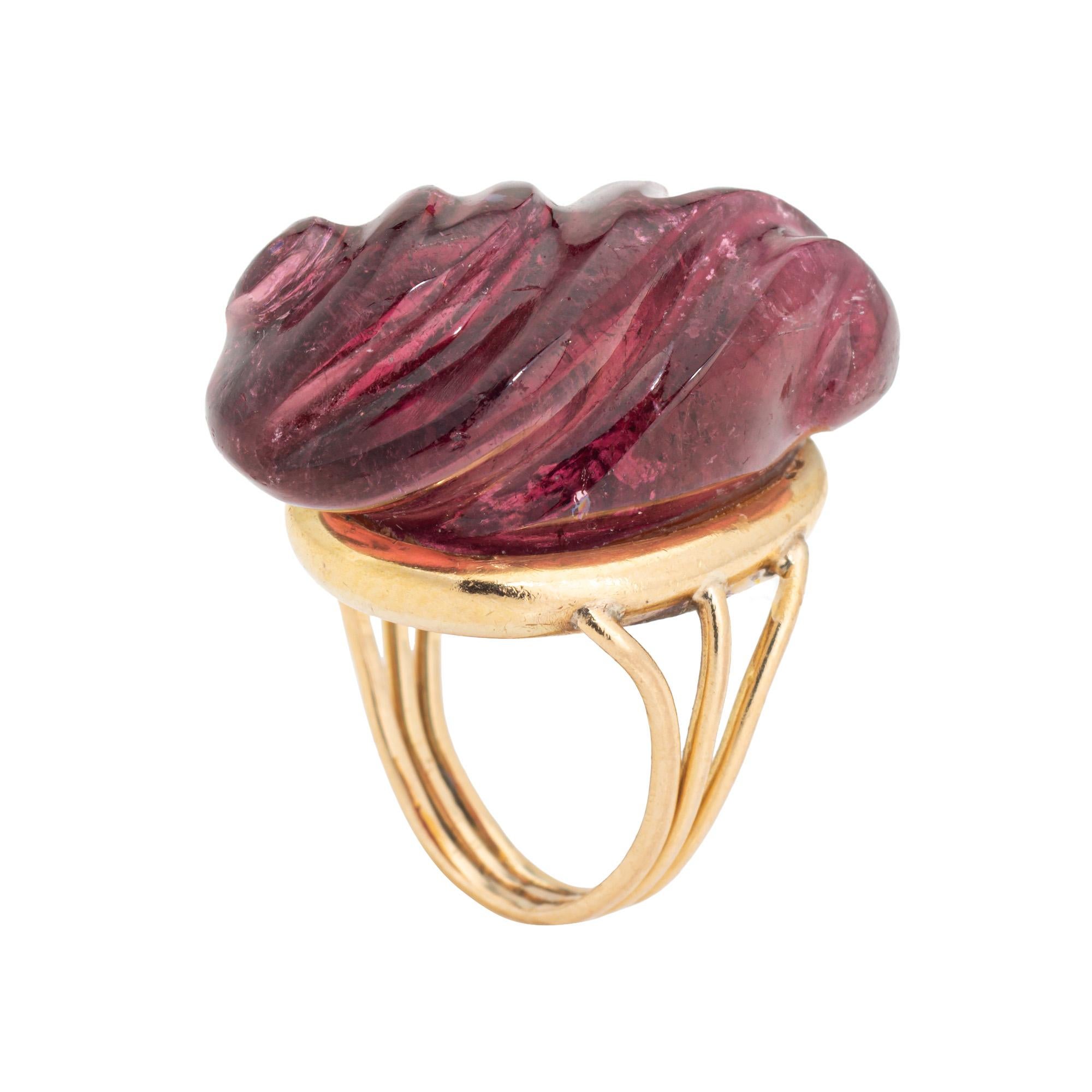 Modern Carved Pink Tourmaline Ring Vintage 18k Yellow Gold Large Cocktail Jewelry Sz 4 For Sale