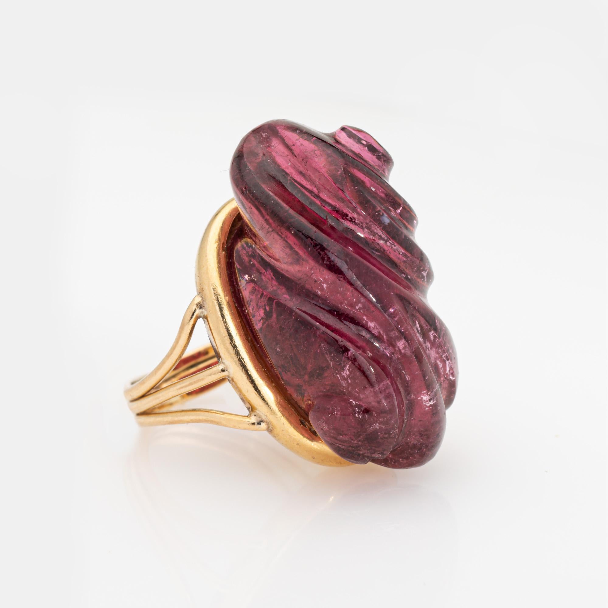 Cabochon Carved Pink Tourmaline Ring Vintage 18k Yellow Gold Large Cocktail Jewelry Sz 4 For Sale