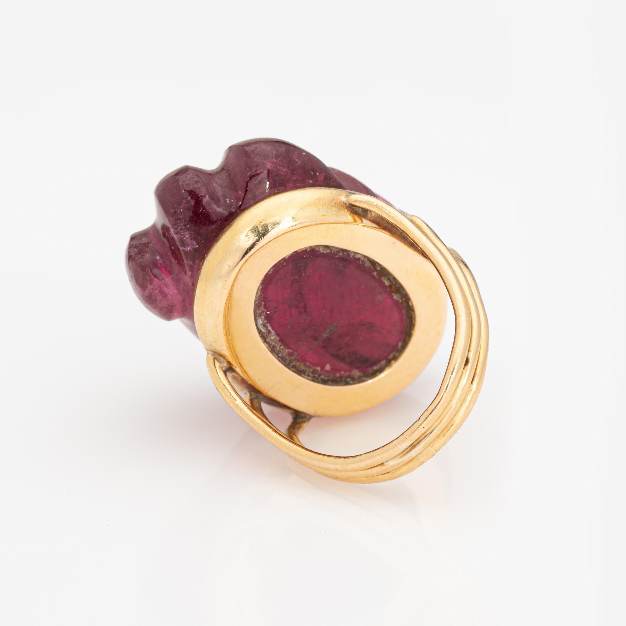 Women's Carved Pink Tourmaline Ring Vintage 18k Yellow Gold Large Cocktail Jewelry Sz 4 For Sale