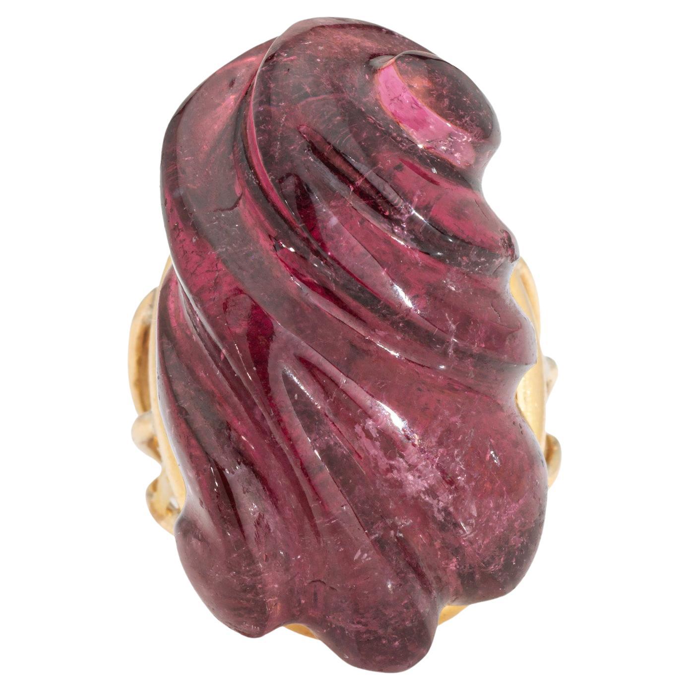 Carved Pink Tourmaline Ring Vintage 18k Yellow Gold Large Cocktail Jewelry Sz 4