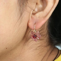Carved Pink Tourmaline Tropical Flower Earrings With Diamonds In 18k Gold