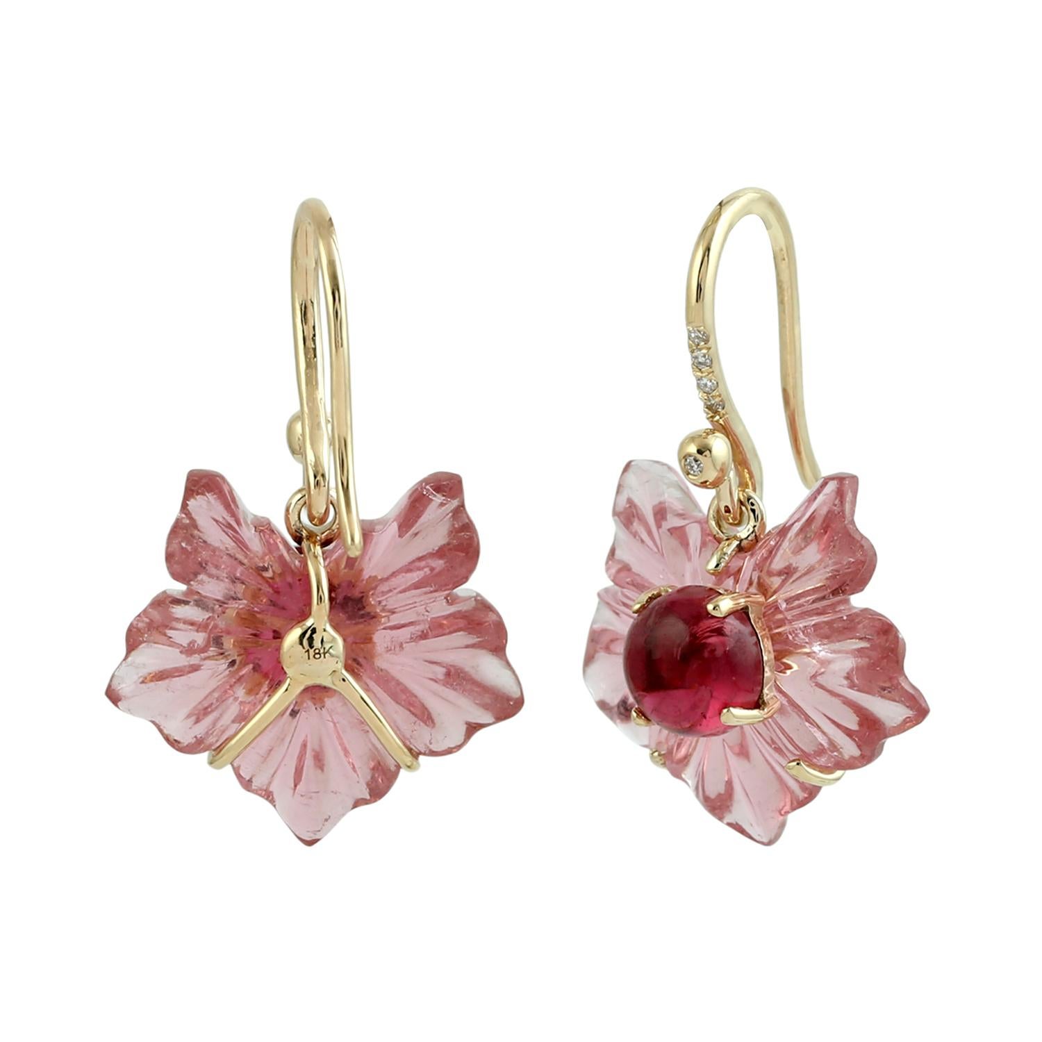 Mixed Cut Carved Pink Tourmaline Tropical Flower Earrings With Diamonds In 18k Gold For Sale