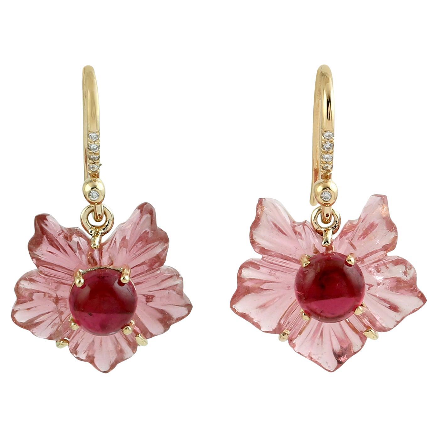 Carved Pink Tourmaline Tropical Flower Earrings With Diamonds In 18k Gold