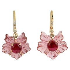 Carved Pink Tourmaline Tropical Flower Earrings With Diamonds In 18k Gold