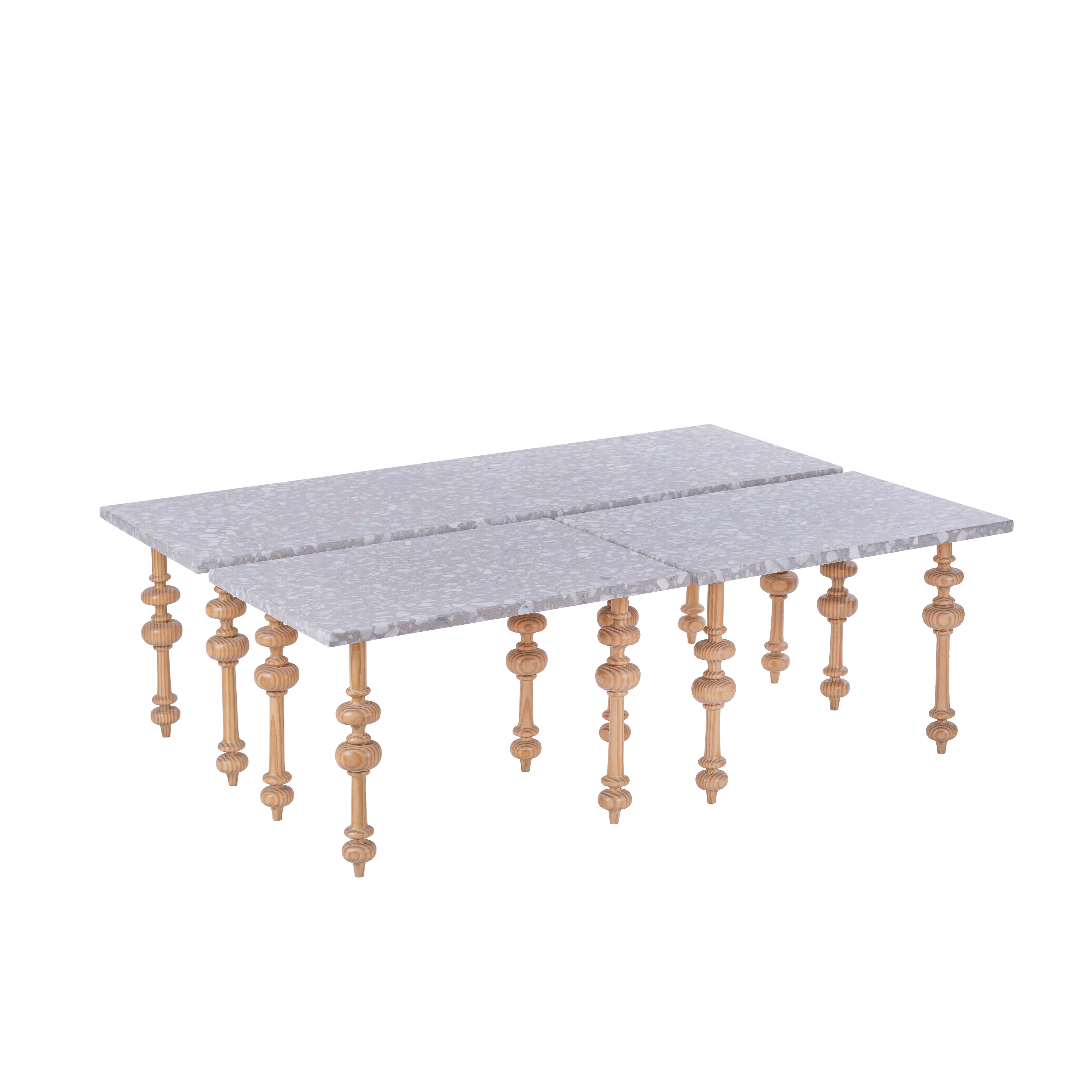 Modern Carved Pitch Pine Outdoor Coffee Table with Italian Terrazzo Tops