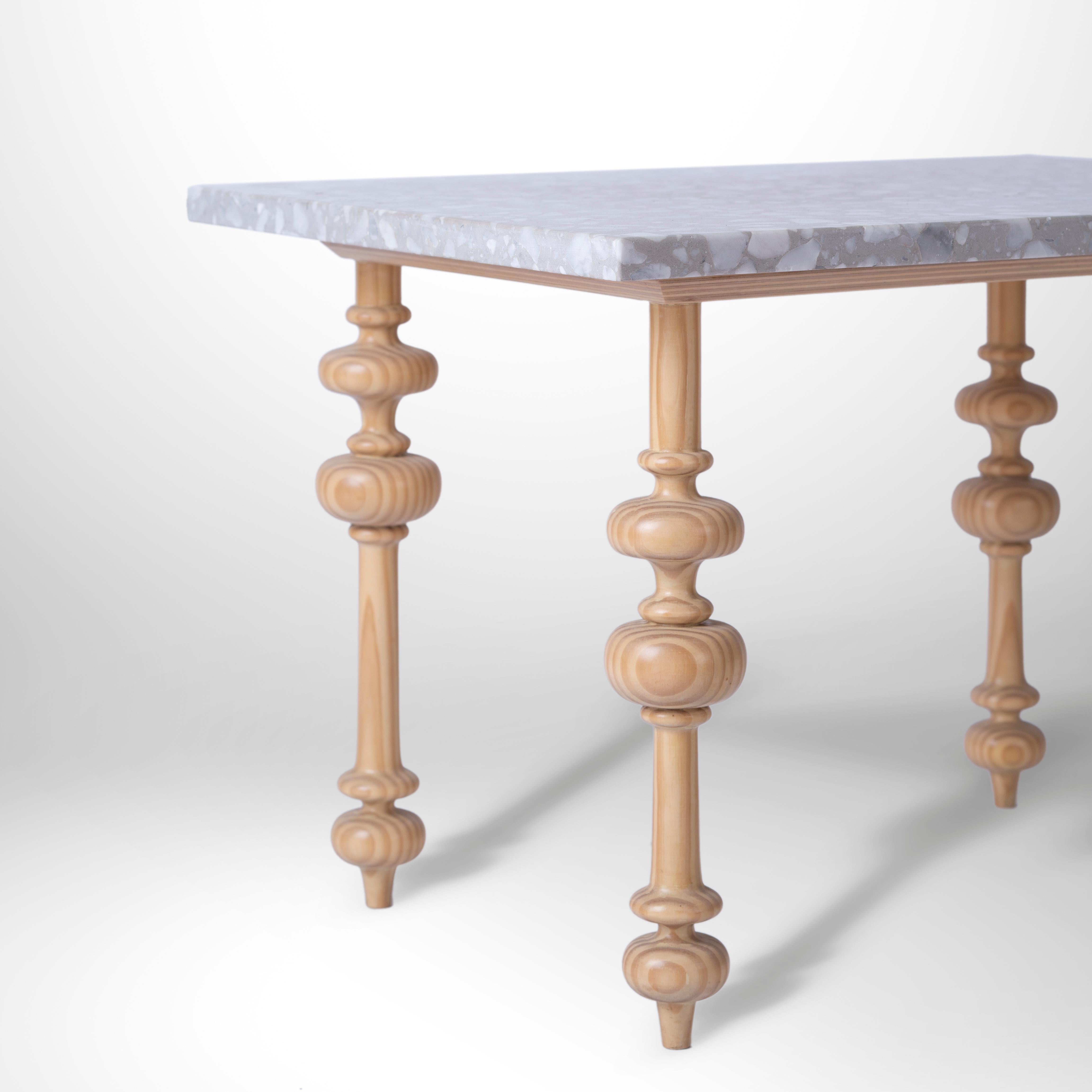 Carved Pitch Pine Outdoor Coffee Table with Italian Terrazzo Tops 1