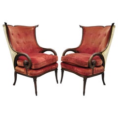 Carved Plume Spiral Armchairs Wingback Chairs Attributed to Grosfeld House, Pair