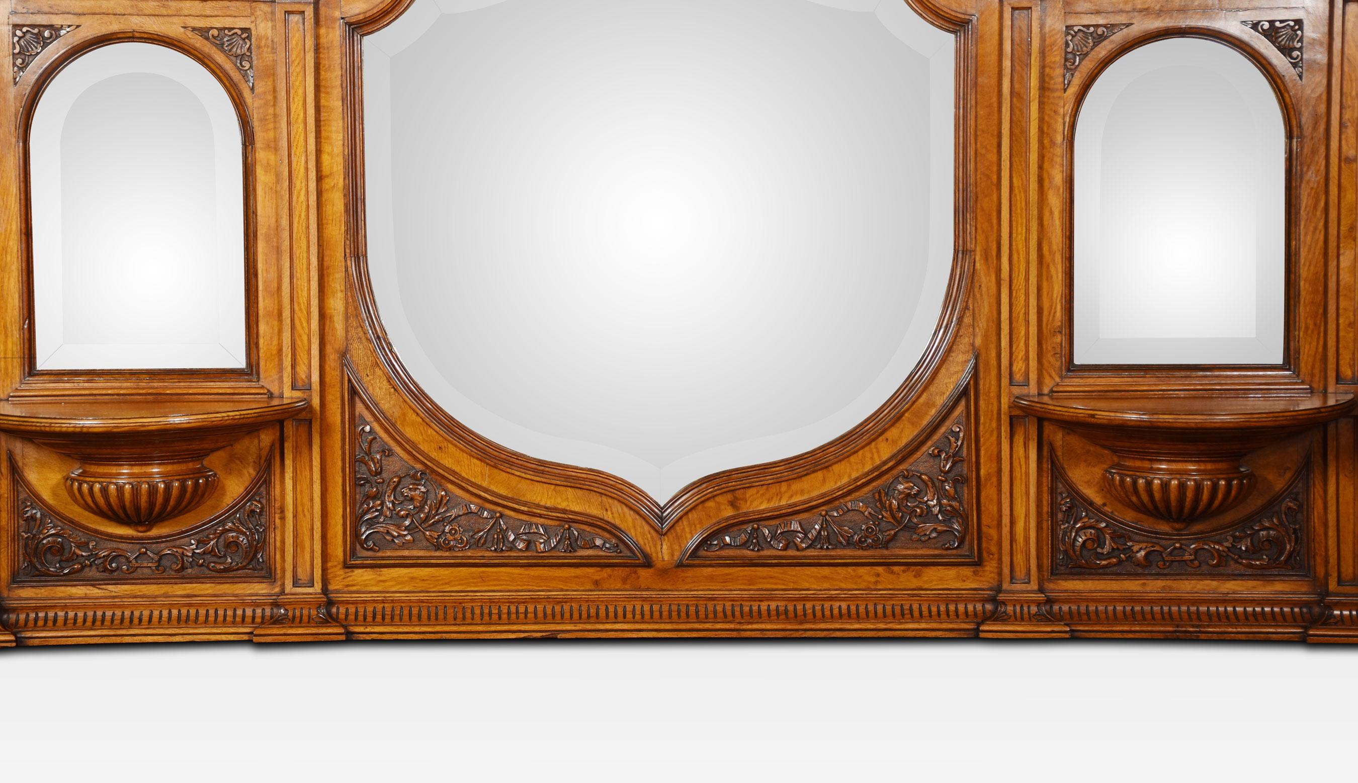 British Carved Pollard Oak Overmantel Mirror For Sale